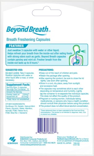 Breath Freshening Capsules, Fresher Breath From Inside-Out, Even Works On Bad Breath From Garlic, Lasts Up To 8 Hours, 50 Capsules