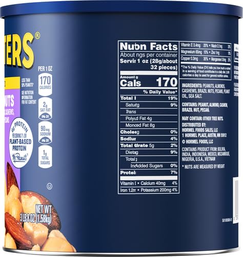 PLANTERS Deluxe Salted Mixed Nuts, Roasted Cashews, Almonds, Pecans, Pistachios, and Hazelnuts, Party Snacks, Plant-Based Protein, Quick Snack for Adults, After School Snack, 34oz Container