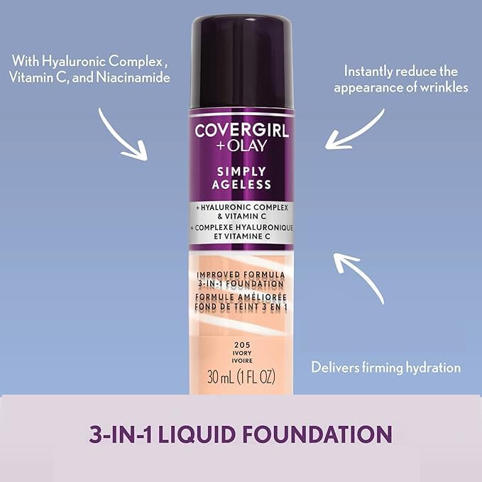 COVERGIRL & Olay Simply Ageless 3-in-1 Liquid Foundation, Matte Finish, Hyaluronic & Vitamin C Formula, 227 Golden Beige, 1 Count