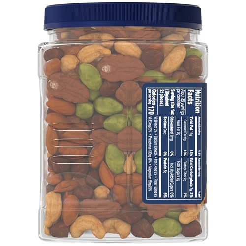 PLANTERS Deluxe Salted Mixed Nuts, Roasted Cashews, Almonds, Pecans, Pistachios, and Hazelnuts, Party Snacks, Plant-Based Protein, Quick Snack for Adults, After School Snack, 34oz Container