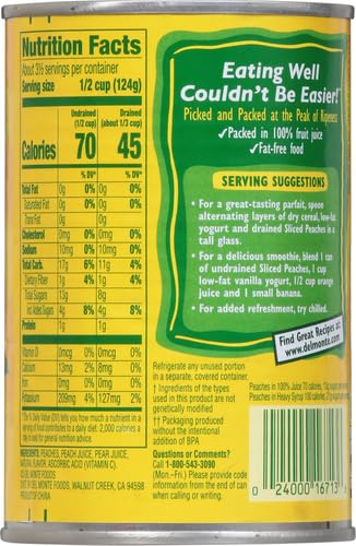 Del Monte Yellow Cling Sliced Canned Peaches in 100% Juice, 15 oz Cans (Pack of 4)