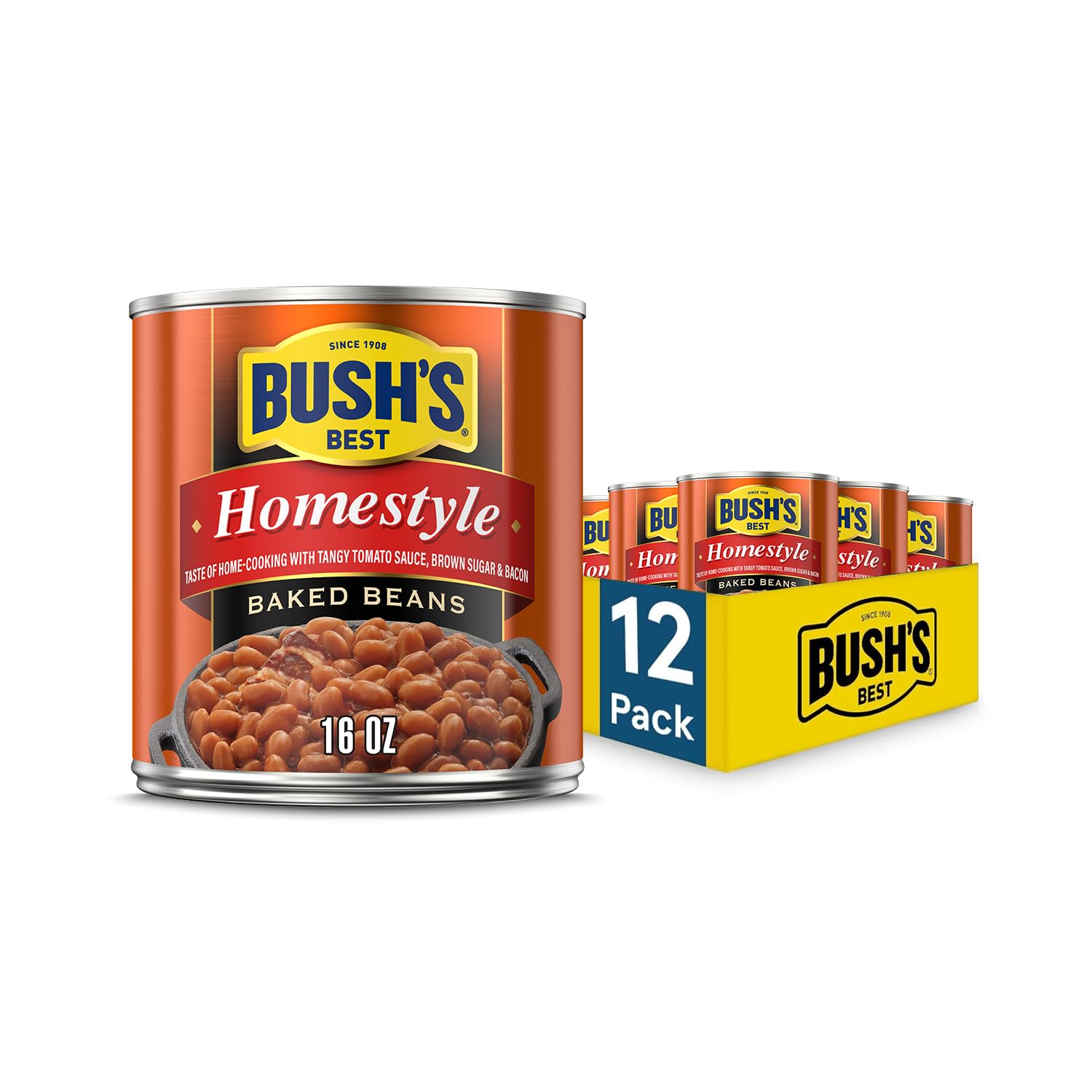 BUSH'S BEST 16 oz Canned Maple Cured Bacon Baked Beans Source of Protein and Fiber, Low Fat, Gluten Free, (Pack of 12)