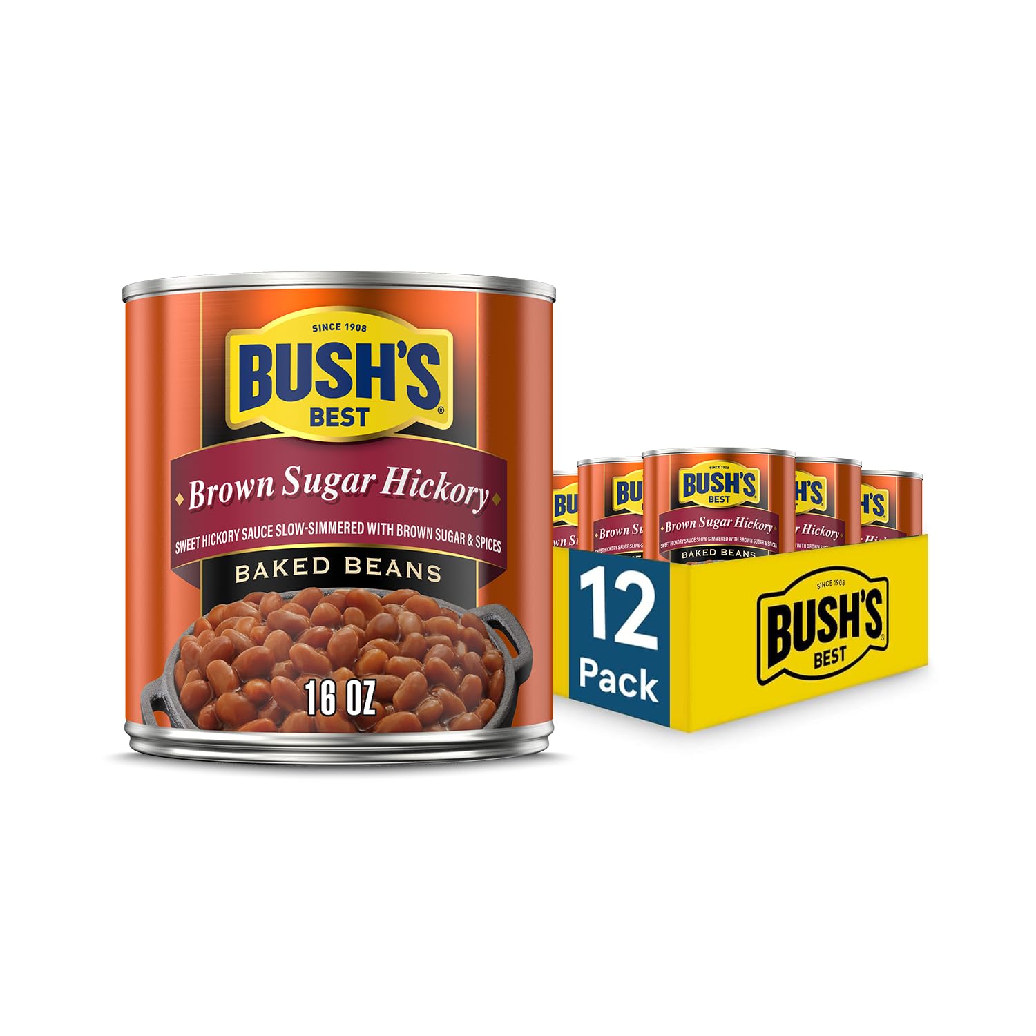 BUSH'S BEST 16 oz Canned Maple Cured Bacon Baked Beans Source of Protein and Fiber, Low Fat, Gluten Free, (Pack of 12)