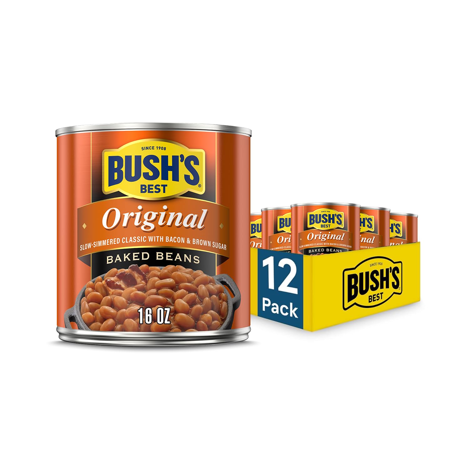 BUSH'S BEST 16 oz Canned Maple Cured Bacon Baked Beans Source of Protein and Fiber, Low Fat, Gluten Free, (Pack of 12)