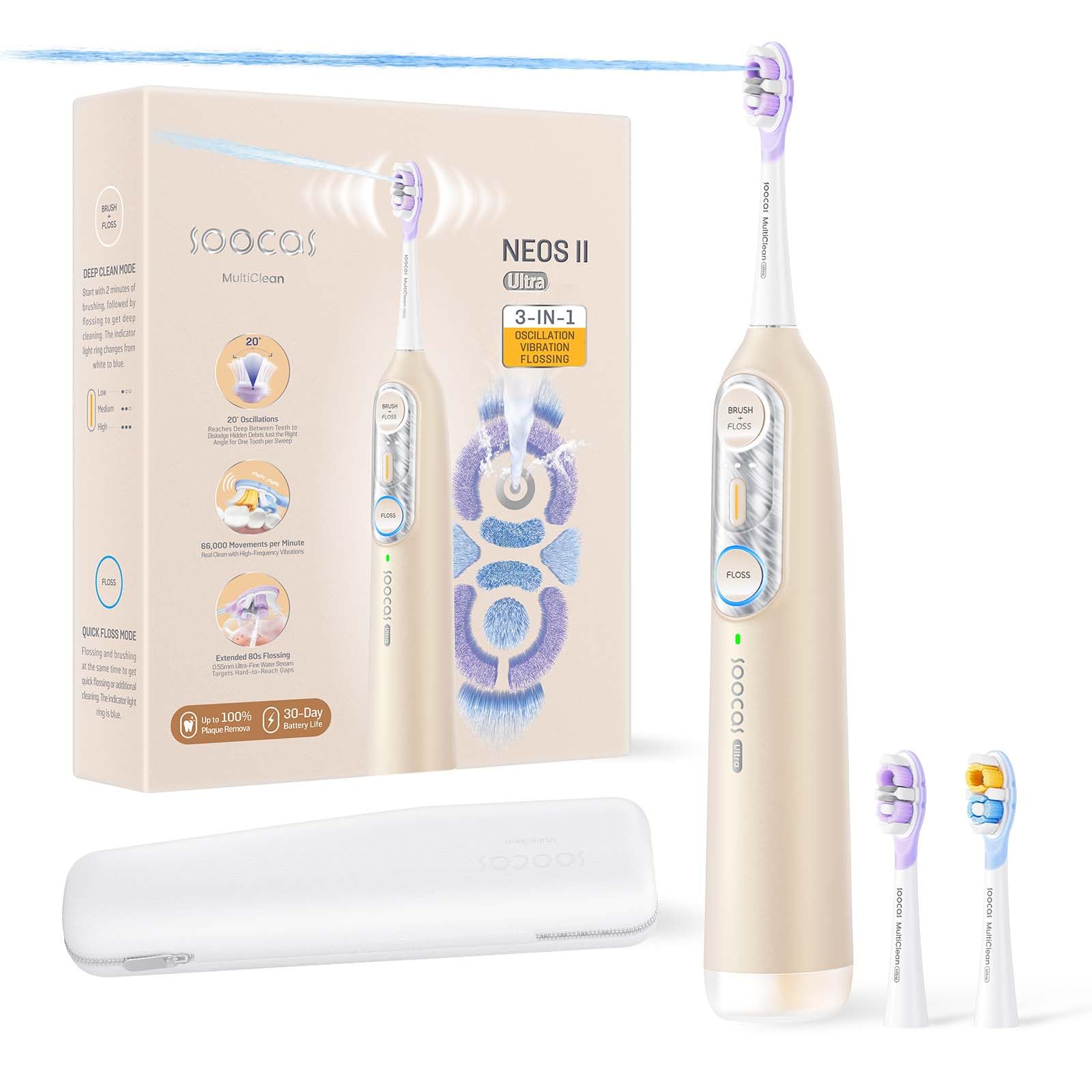 Soocas NEOS II Ultra – Electric Toothbrush with Water Flosser Combo, 3-in-1: Flosses, Vibrates and Oscillates, Flossing Toothbrush for Adults, Cordless Water Flosser for Travel, Midnight Blue