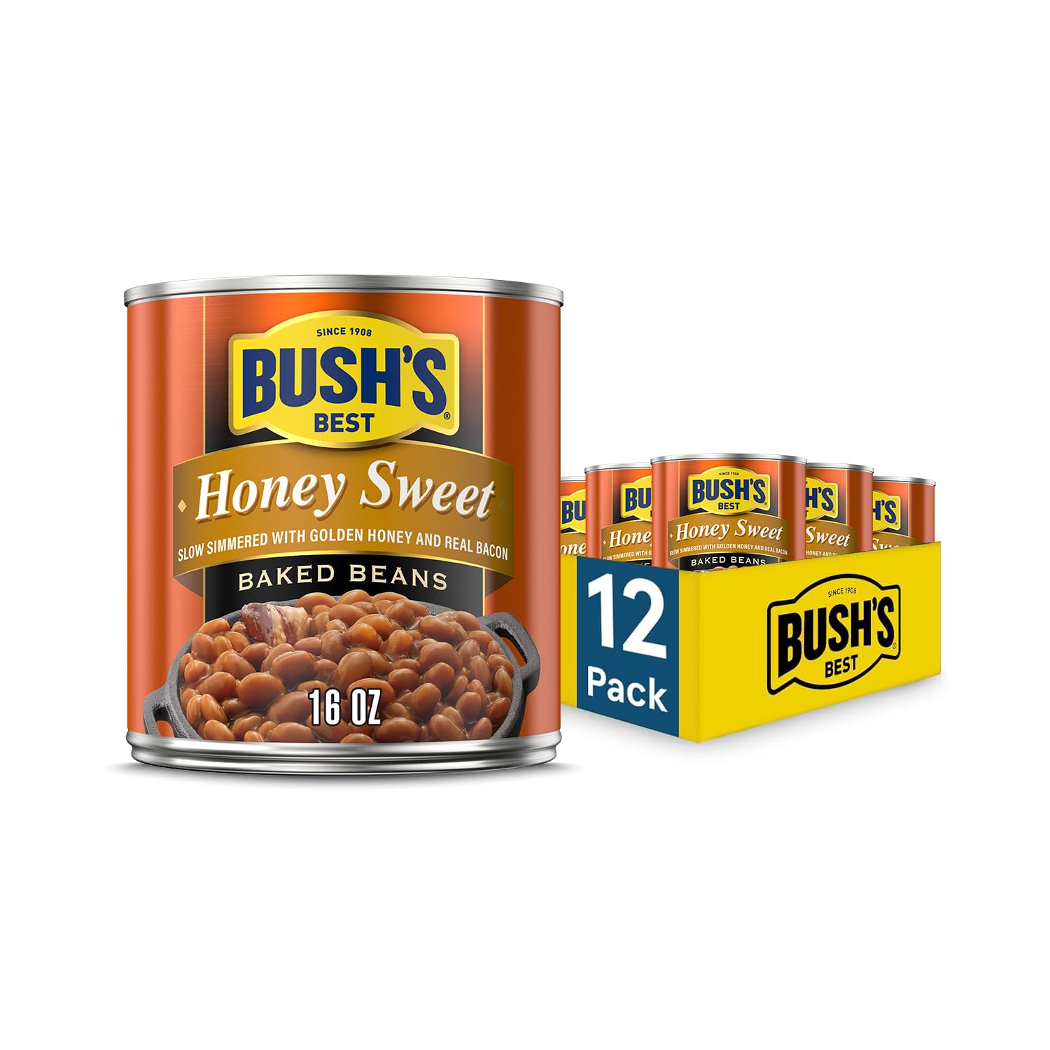 BUSH'S BEST 16 oz Canned Maple Cured Bacon Baked Beans Source of Protein and Fiber, Low Fat, Gluten Free, (Pack of 12)