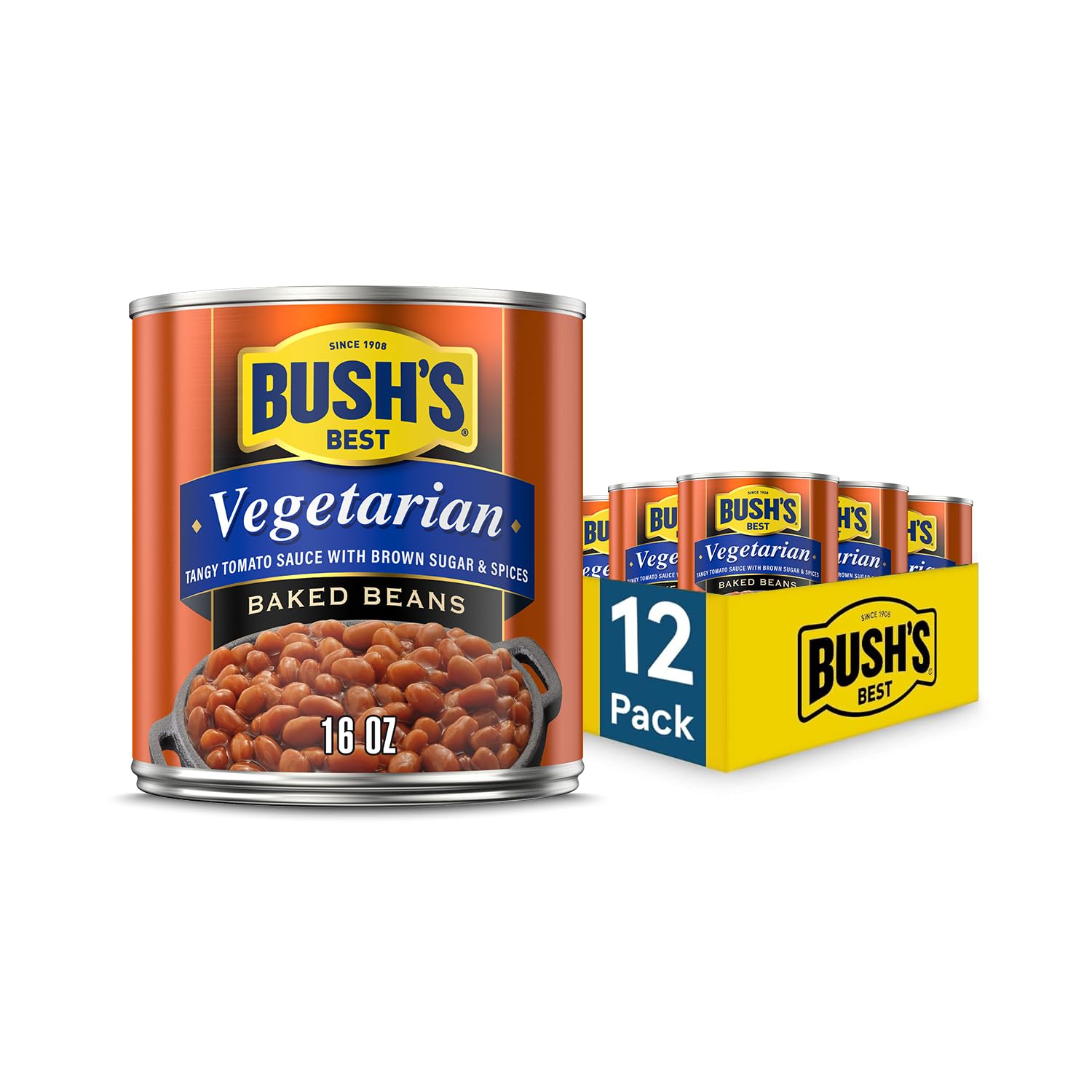 BUSH'S BEST 16 oz Canned Maple Cured Bacon Baked Beans Source of Protein and Fiber, Low Fat, Gluten Free, (Pack of 12)