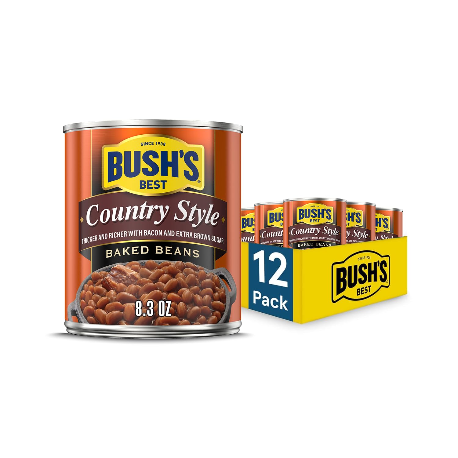 BUSH'S BEST 16 oz Canned Maple Cured Bacon Baked Beans Source of Protein and Fiber, Low Fat, Gluten Free, (Pack of 12)