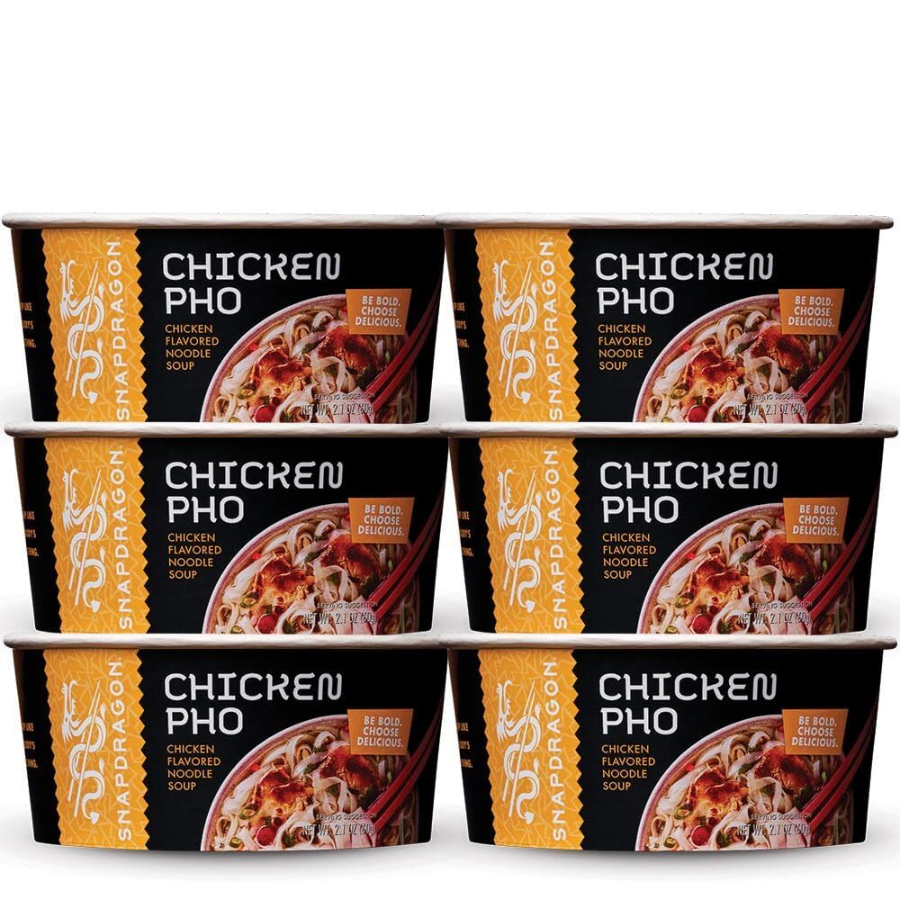 Snapdragon Chicken Pho Instant Noodle Bowl Six Pack, Rich Chicken Flavored Broth with Rice Noodles, Gluten Free, No Artificial Flavors, 6 2.1oz Bowls
