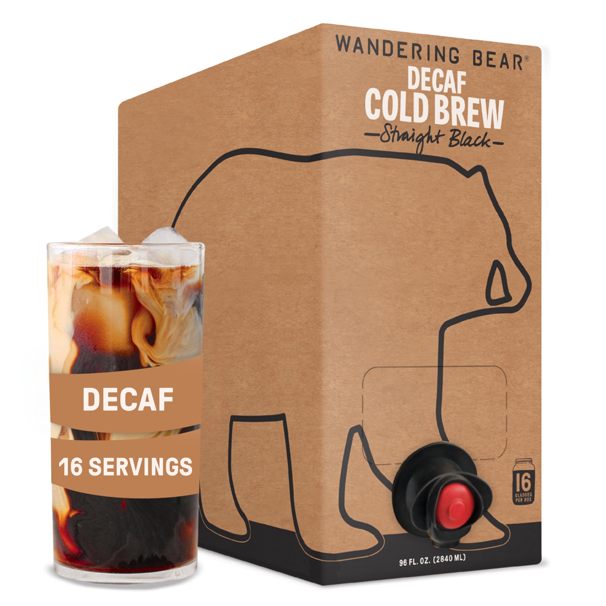 Wandering Bear Straight Black Organic Cold Brew Coffee On Tap, Iced Coffee Drink - Extra Strong, Smooth, No Sugar Added, Shelf-Stable, Ready to Drink, 100% Organic - 16 Servings of 6fl.oz - 96fl.oz