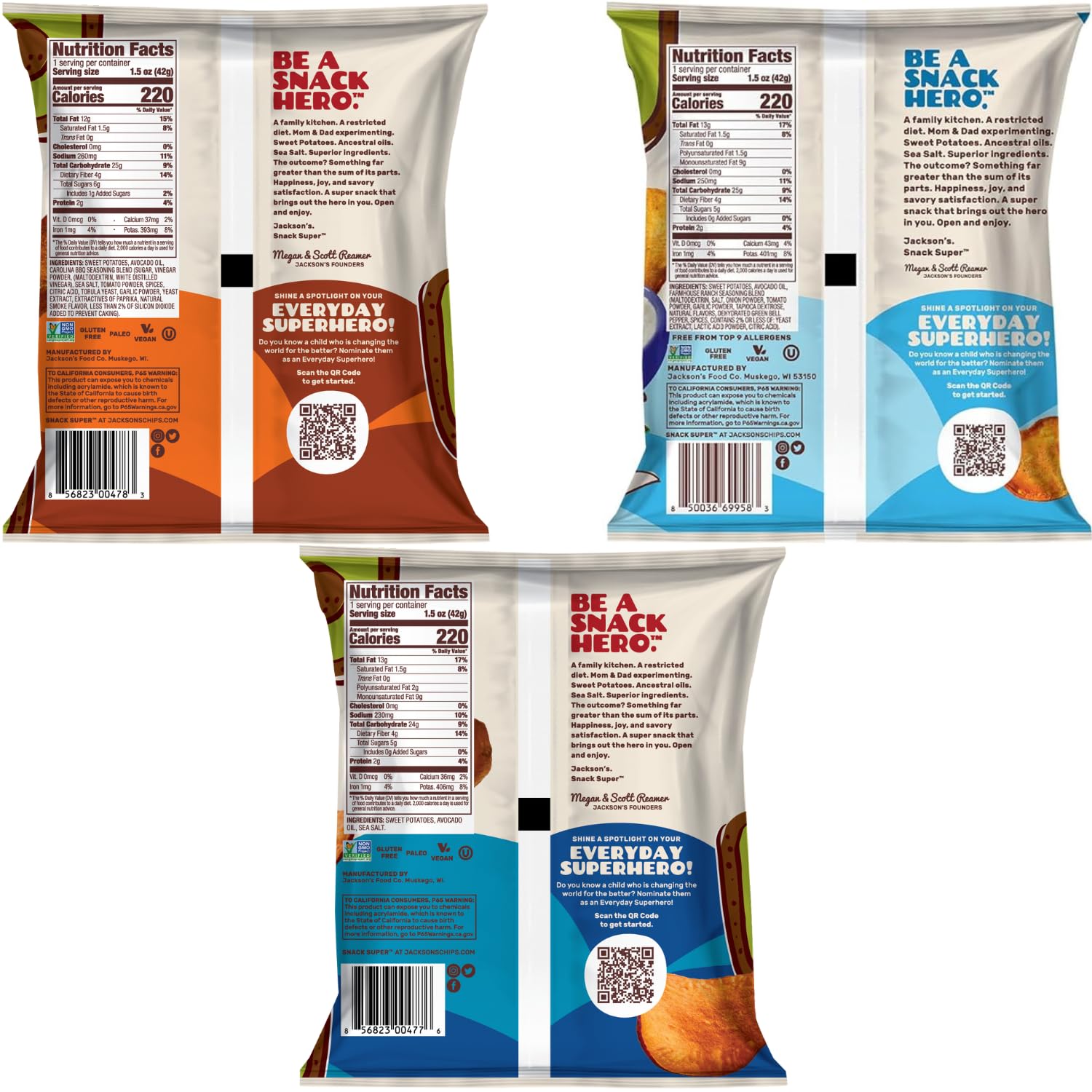 Jackson’s Sweet Potato Kettle Chips Avocado Oil Variety Pack made with Premium Oils (1.5 oz, Pack of 10) Sea Salt, Ranch and BBQ Flavors - Allergen-friendly, Gluten Free, Vegan