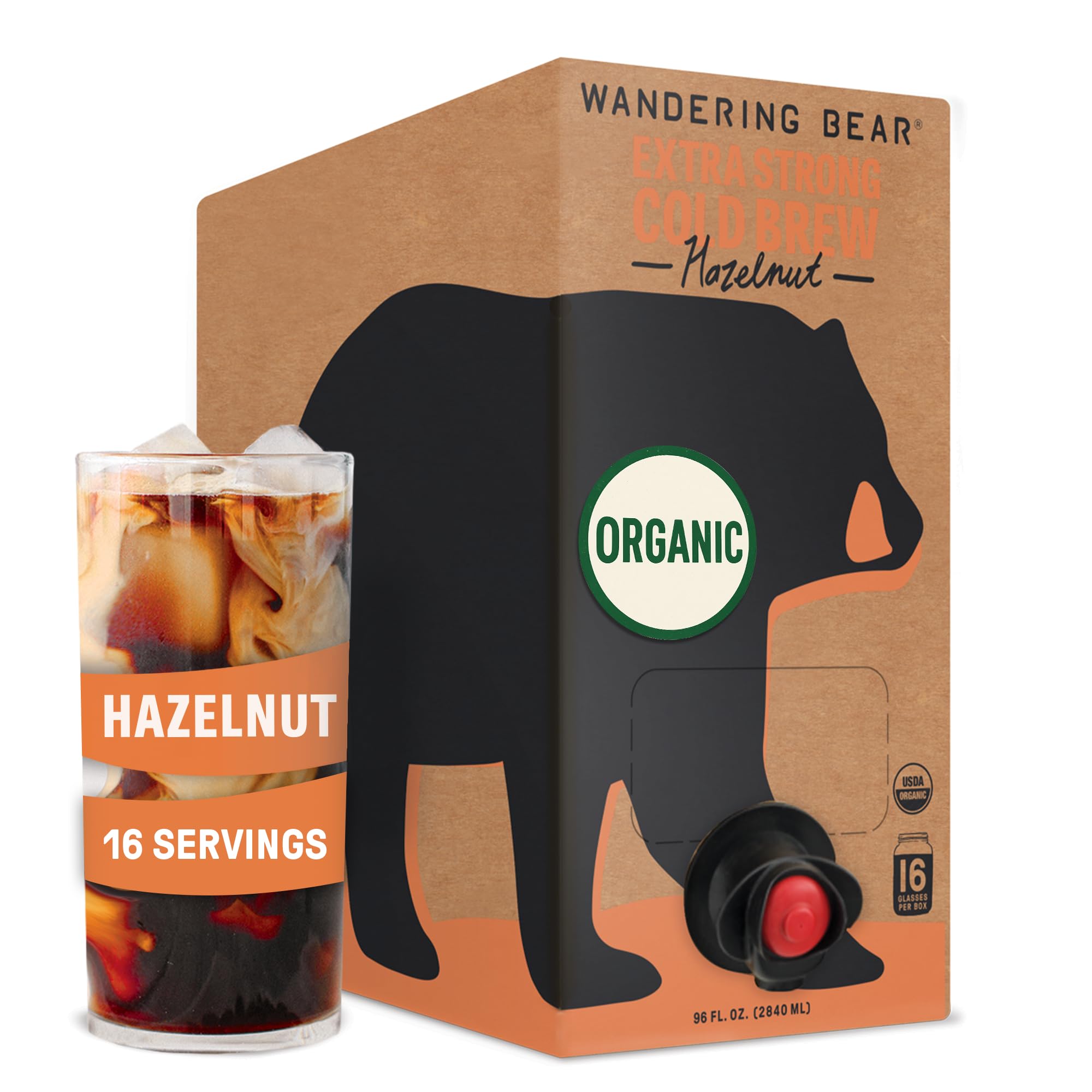 Wandering Bear Straight Black Organic Cold Brew Coffee On Tap, Iced Coffee Drink - Extra Strong, Smooth, No Sugar Added, Shelf-Stable, Ready to Drink, 100% Organic - 16 Servings of 6fl.oz - 96fl.oz