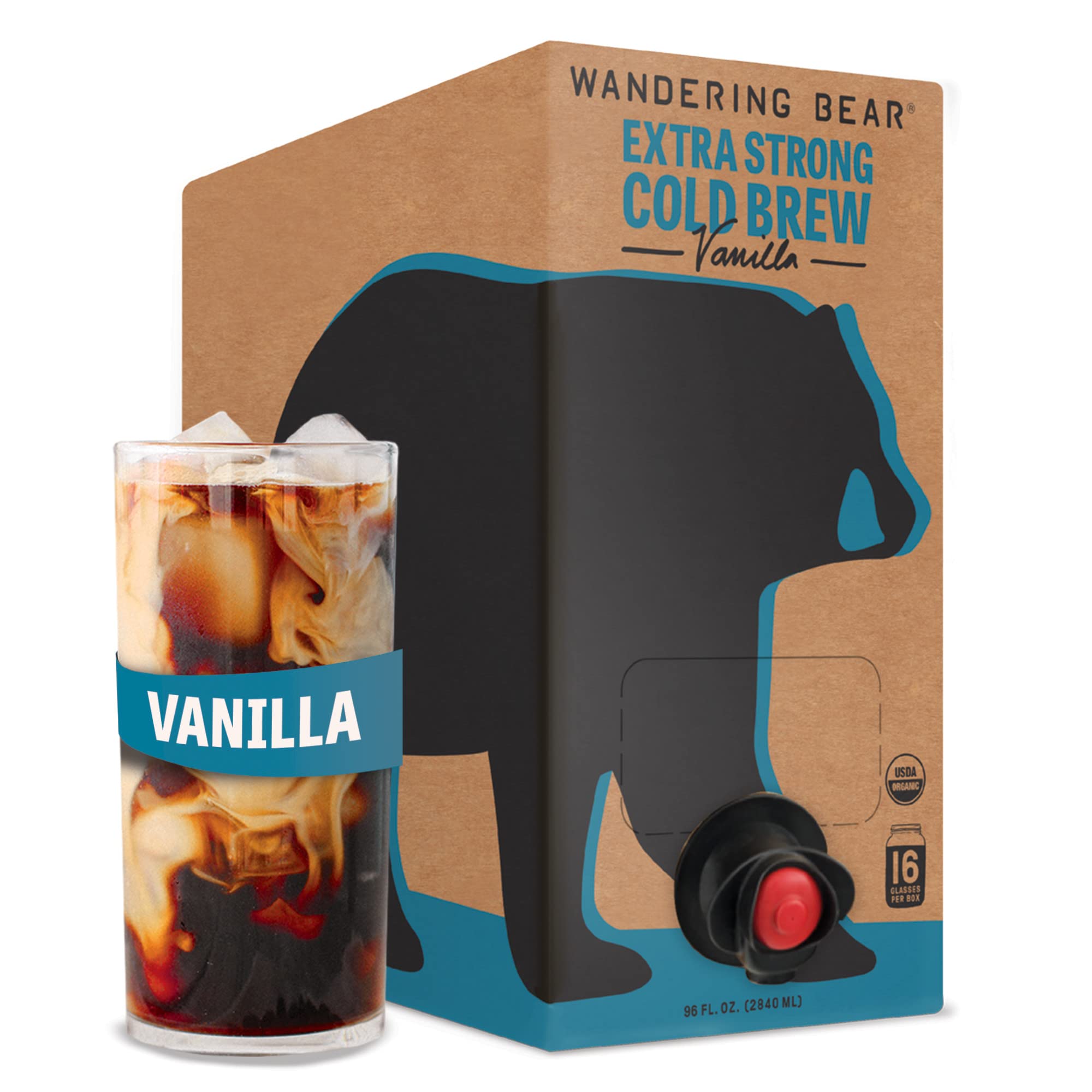 Wandering Bear Straight Black Organic Cold Brew Coffee On Tap, Iced Coffee Drink - Extra Strong, Smooth, No Sugar Added, Shelf-Stable, Ready to Drink, 100% Organic - 16 Servings of 6fl.oz - 96fl.oz