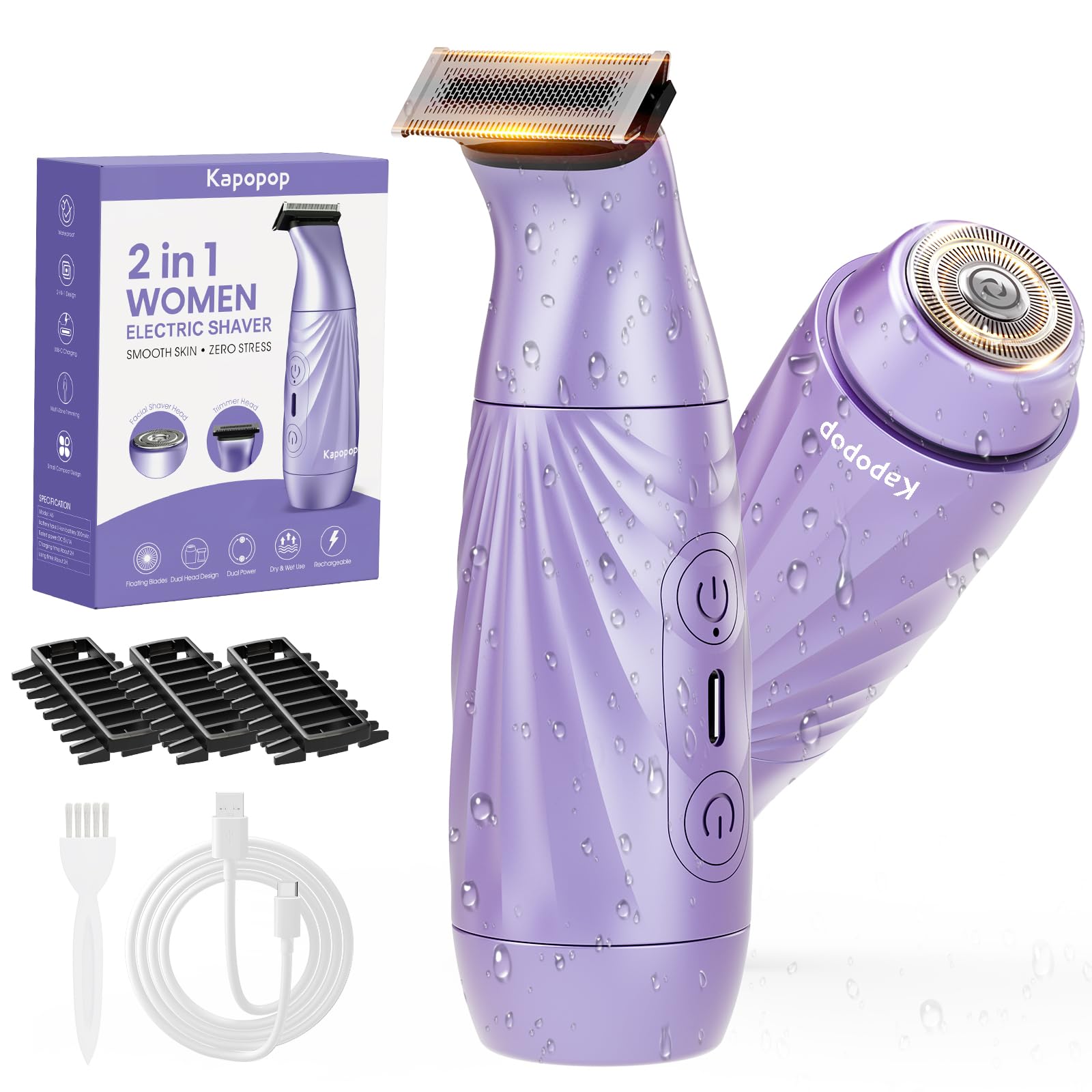 New Designed for Sensitive Skin Painless 2-in-1 Bikini Trimmer for Women,Dual Heads Electric Shaver & Razor for Body Pubic Underarm&Facial Hair,IPX7 Waterproof,Rechargeable Cordless Razor