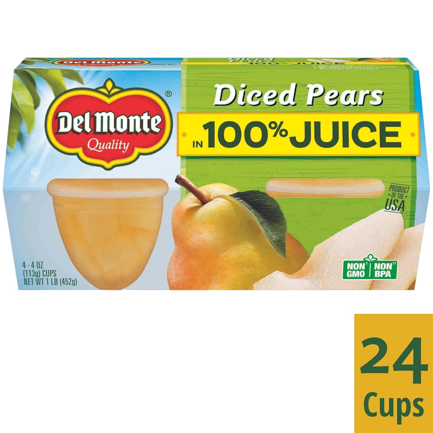 Del Monte Diced Pears Fruit Cups in 100% Juice, 4 oz Cups, Pack of 24