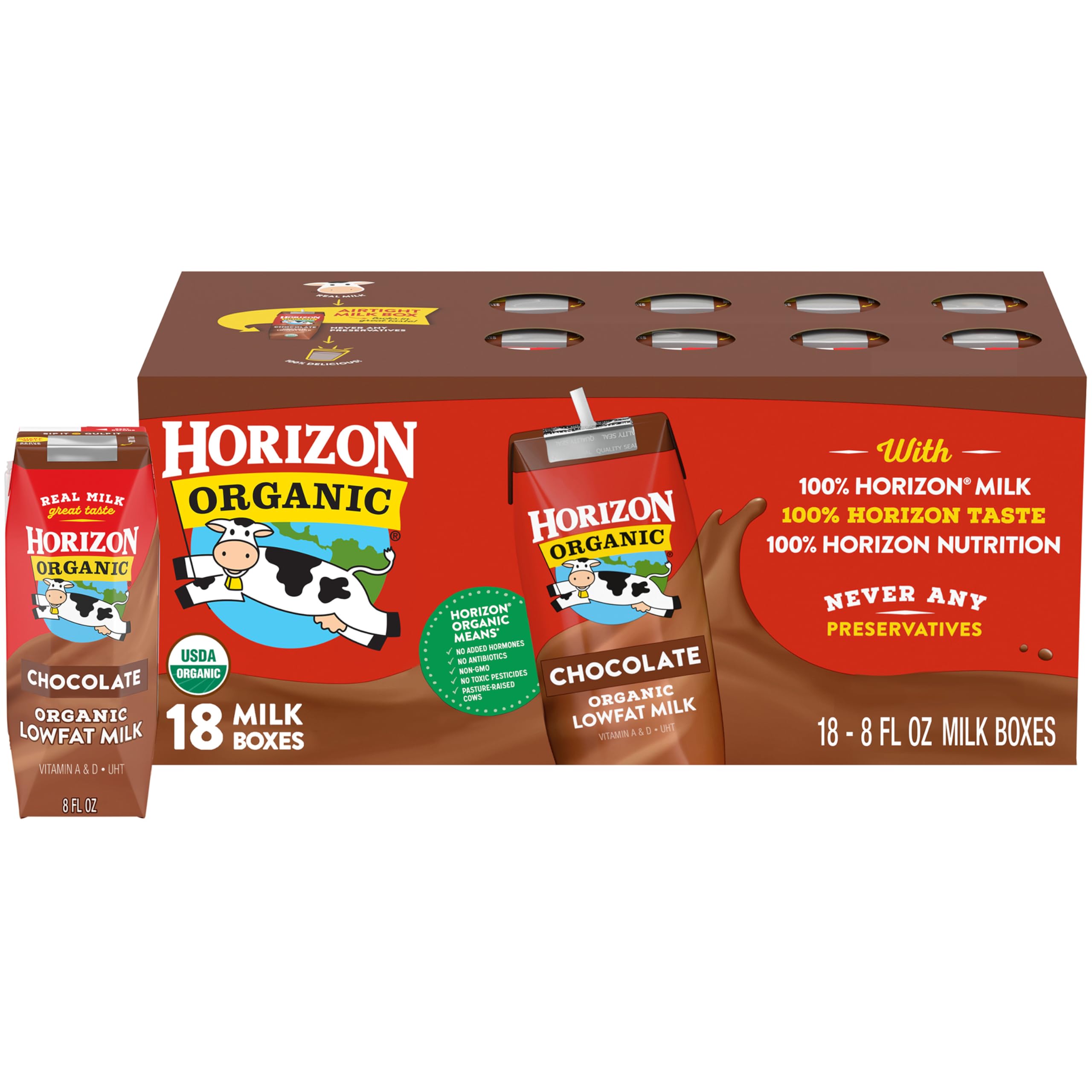 Horizon Organic Shelf Stable 1% Lowfat Strawberry Milk Boxes, 8 fl oz, 6 Count - 8g Protein per Serving, USDA Organic, Ready to Drink for Lunchbox, Travel, or On-the-Go, No Refrigeration Needed
