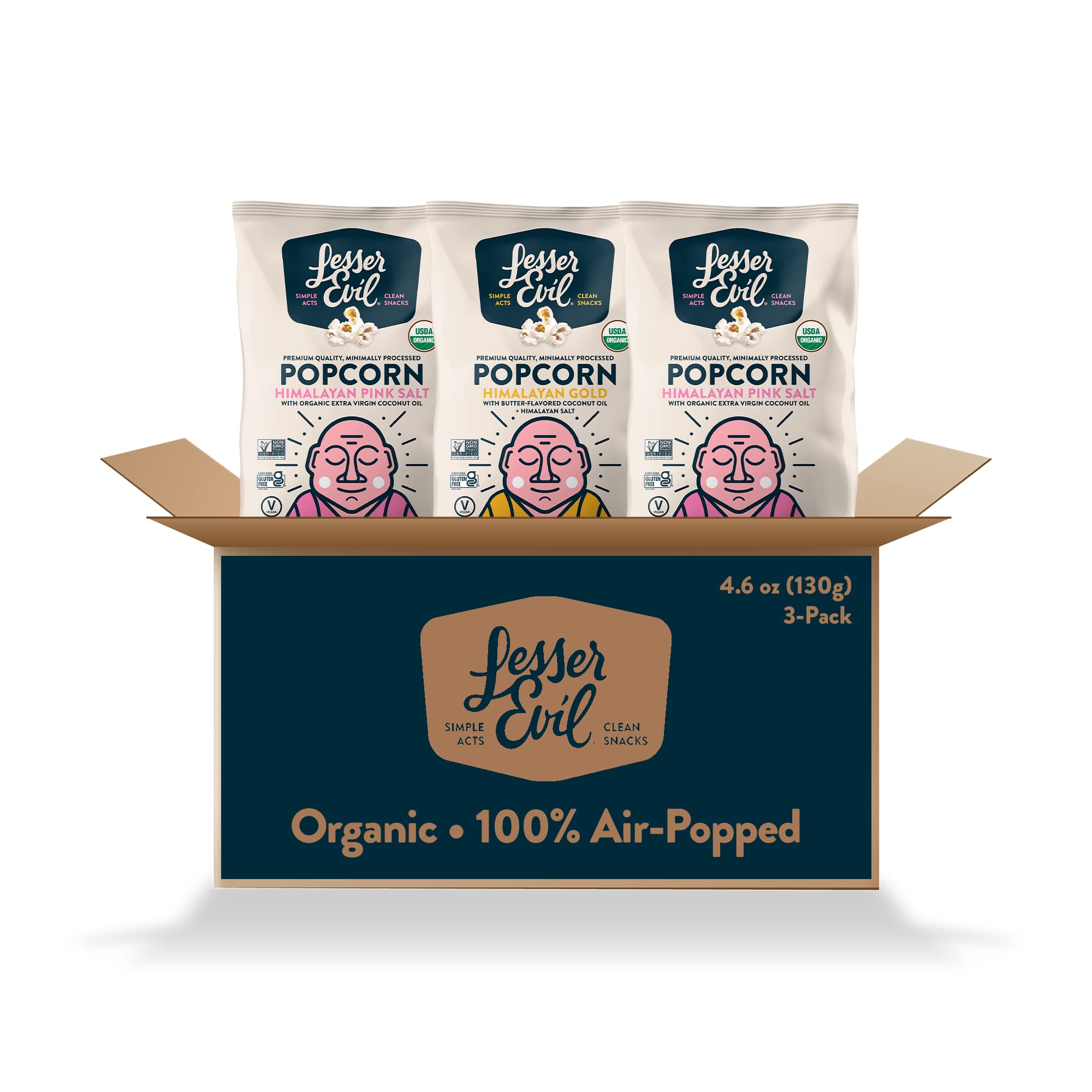 LesserEvil Himalayan Pink Salt Organic Popcorn, No Artificial Ingredients, Coconut Oil, Pack of 12, 0.88 oz Bags