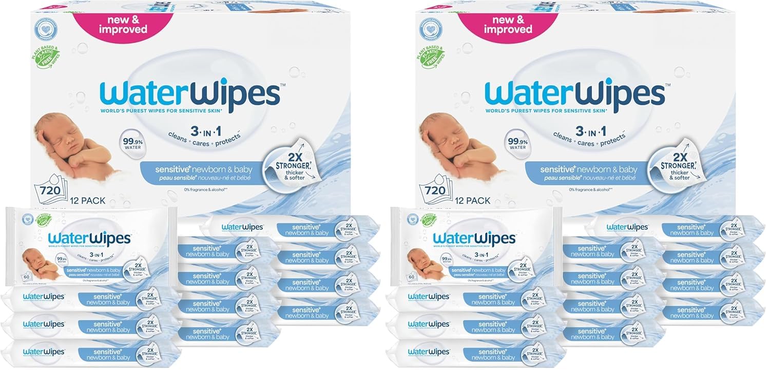 WaterWipes Sensitive+ Newborn & Baby Wipes, 3-In-1 Cleans, Cares, Protects, 99.9% Water, Unscented & Hypoallergenic, 540 Count (9 Packs)