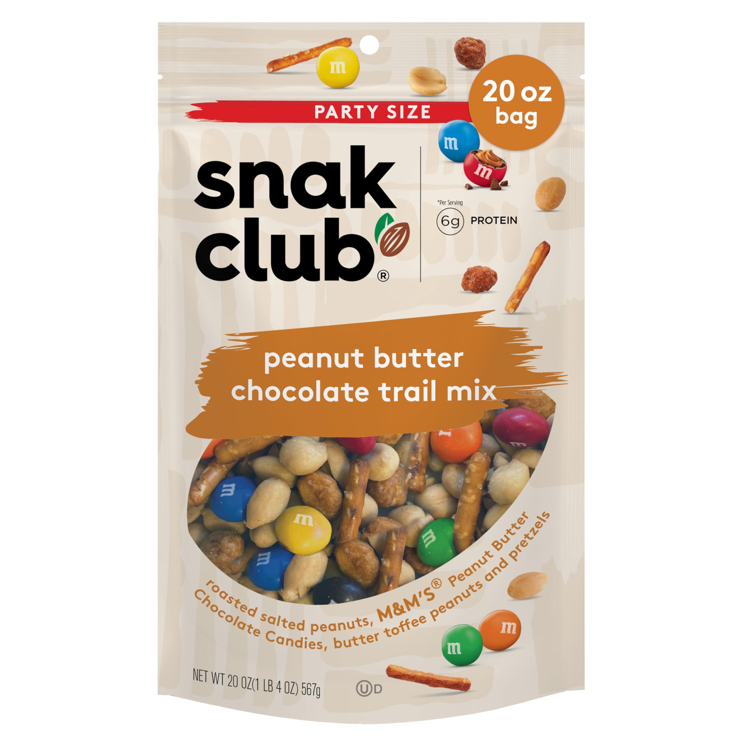 Snak Club Peanut Butter Chocolate Trail Mix with Peanuts, Peanut Butter M&M’S, Toffee Peanuts, and Pretzels, 11 oz Resealable Bag