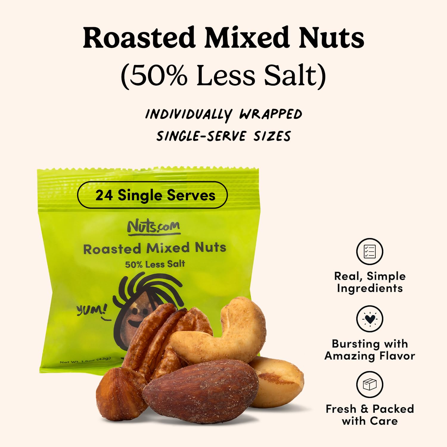 Nuts.com Roasted Mixed Nuts (50% Less Salt) – 24 Single Serve Snack Packs – Almonds, Cashews, Pecans, Brazil Nuts, Hazelnuts – Gluten-Free, Kosher, No Peanuts – Healthy Low Sodium Protein Snack