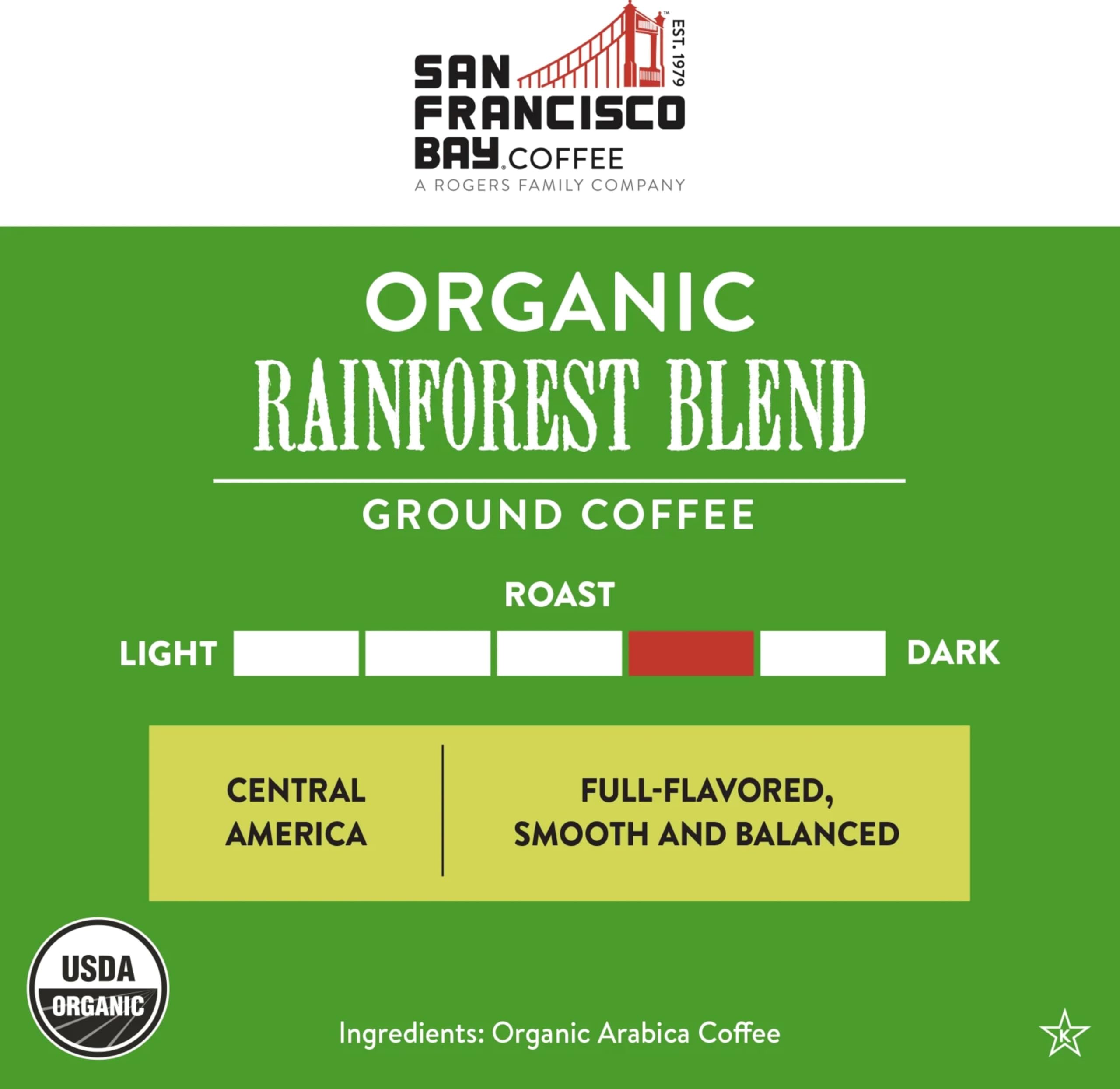 San Francisco Bay Coffee - Medium-Dark Roast - Organic Rainforest Blend (28 oz bag) - Ground Coffee, USDA Organic