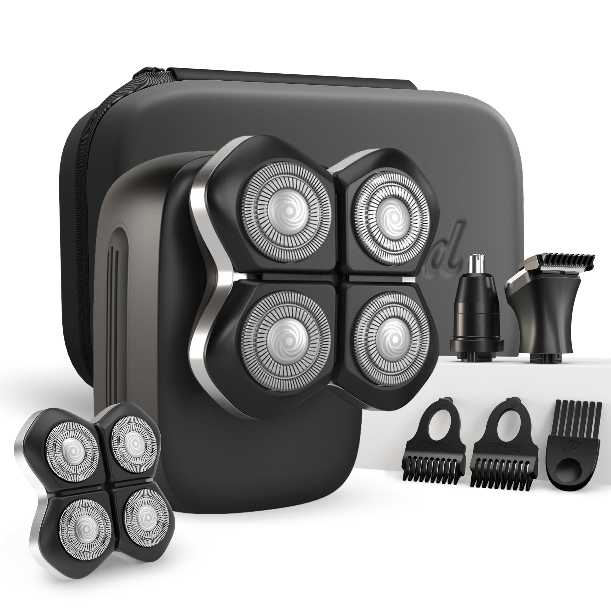 Freebird FlexSeries Electric Head & Body Hair Shaver - Mens Cordless Rechargeable Wet/Dry Skull Bald Head Back & Groin Waterproof Razor with Rotary Blades, Clippers, Nose Trimmer, Brush, Massager