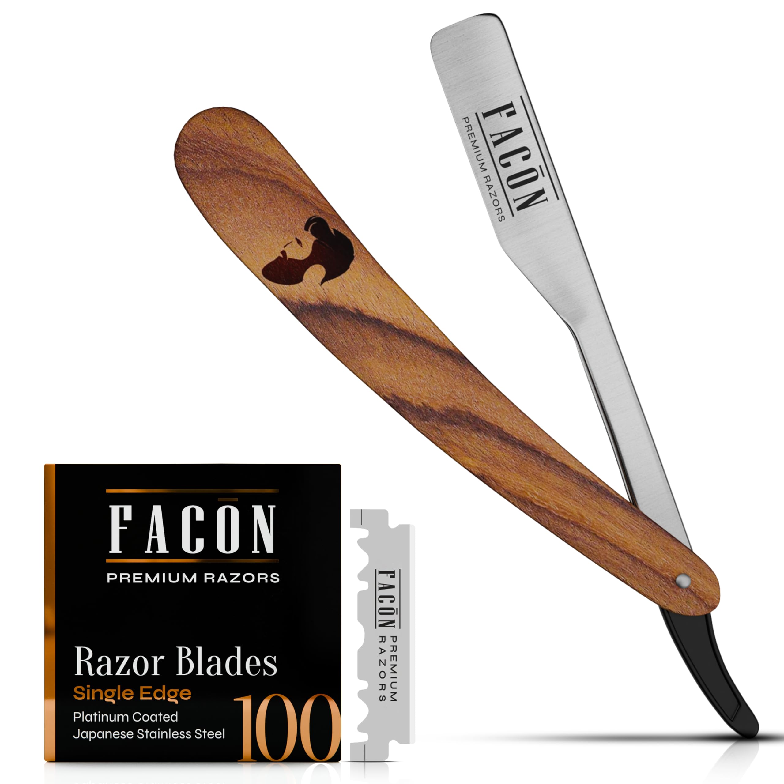 Facón Straight Razors for Men - Professional Barber Straight Edge Razor Kit with 100 Blades, Wooden Stainless Steel Barbero Shaver for a Smooth & Precise Shave, Premium Barber Razor for Men's Shaving