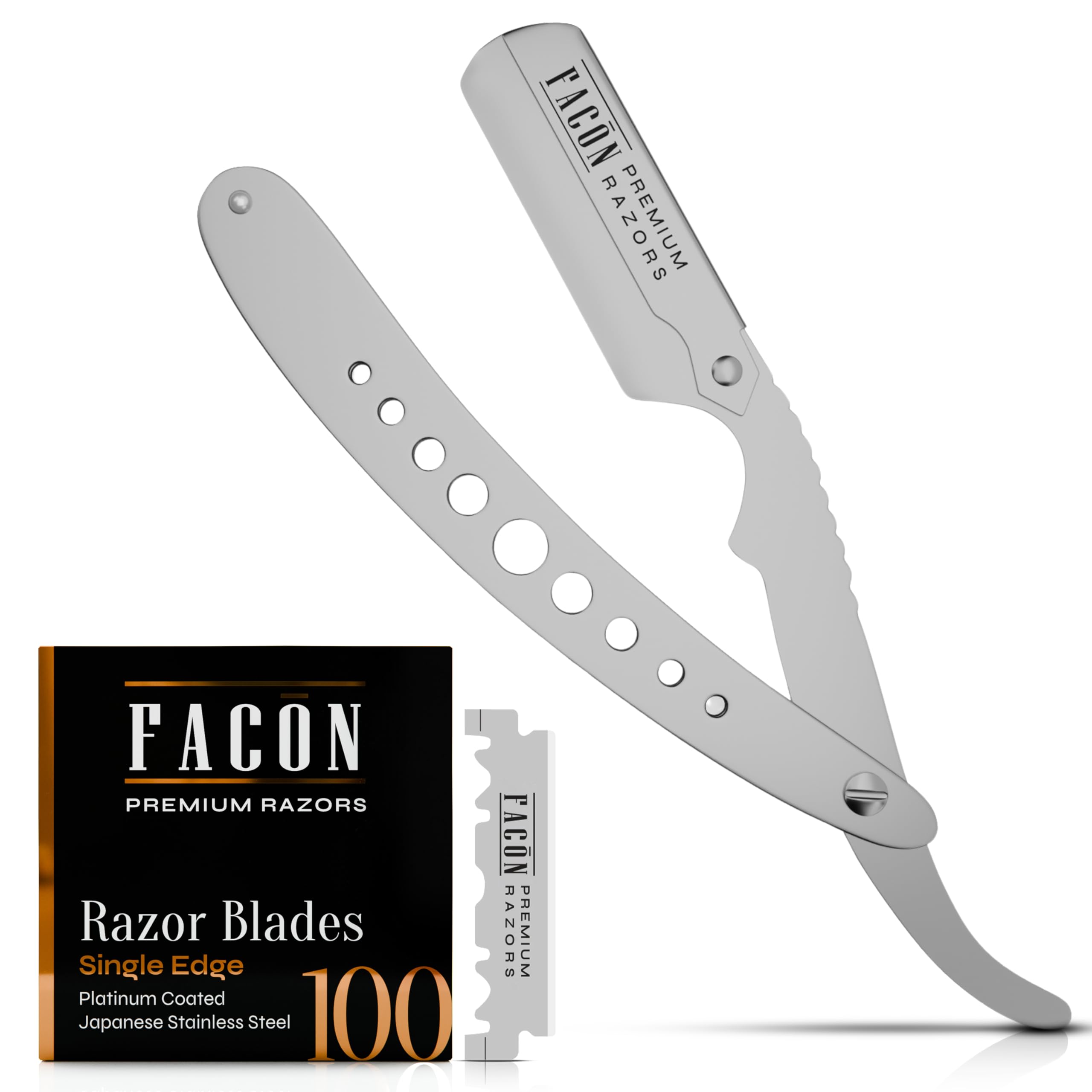 Facón Straight Razors for Men - Professional Barber Straight Edge Razor Kit with 100 Blades, Wooden Stainless Steel Barbero Shaver for a Smooth & Precise Shave, Premium Barber Razor for Men's Shaving