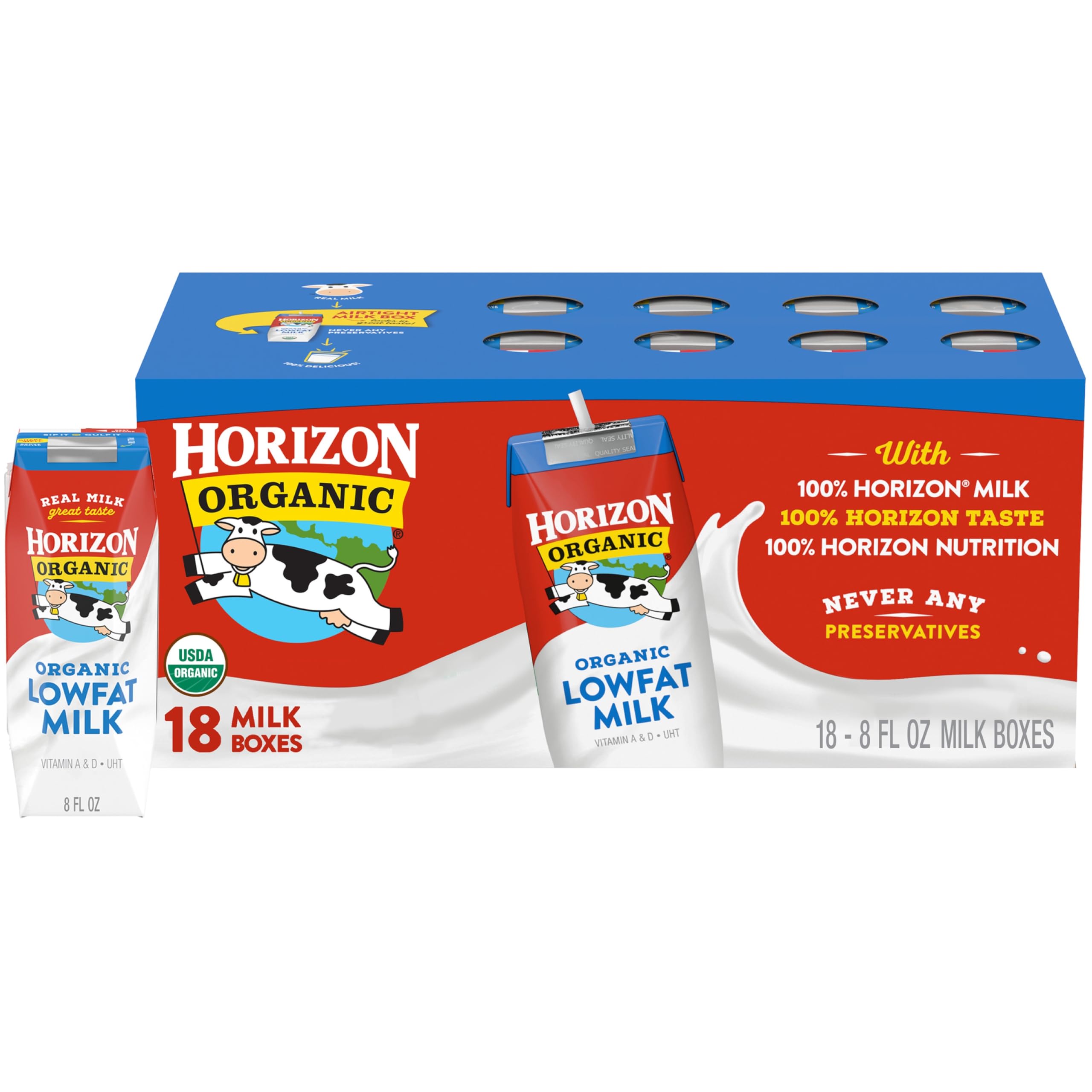 Horizon Organic Shelf Stable 1% Lowfat Strawberry Milk Boxes, 8 fl oz, 6 Count - 8g Protein per Serving, USDA Organic, Ready to Drink for Lunchbox, Travel, or On-the-Go, No Refrigeration Needed