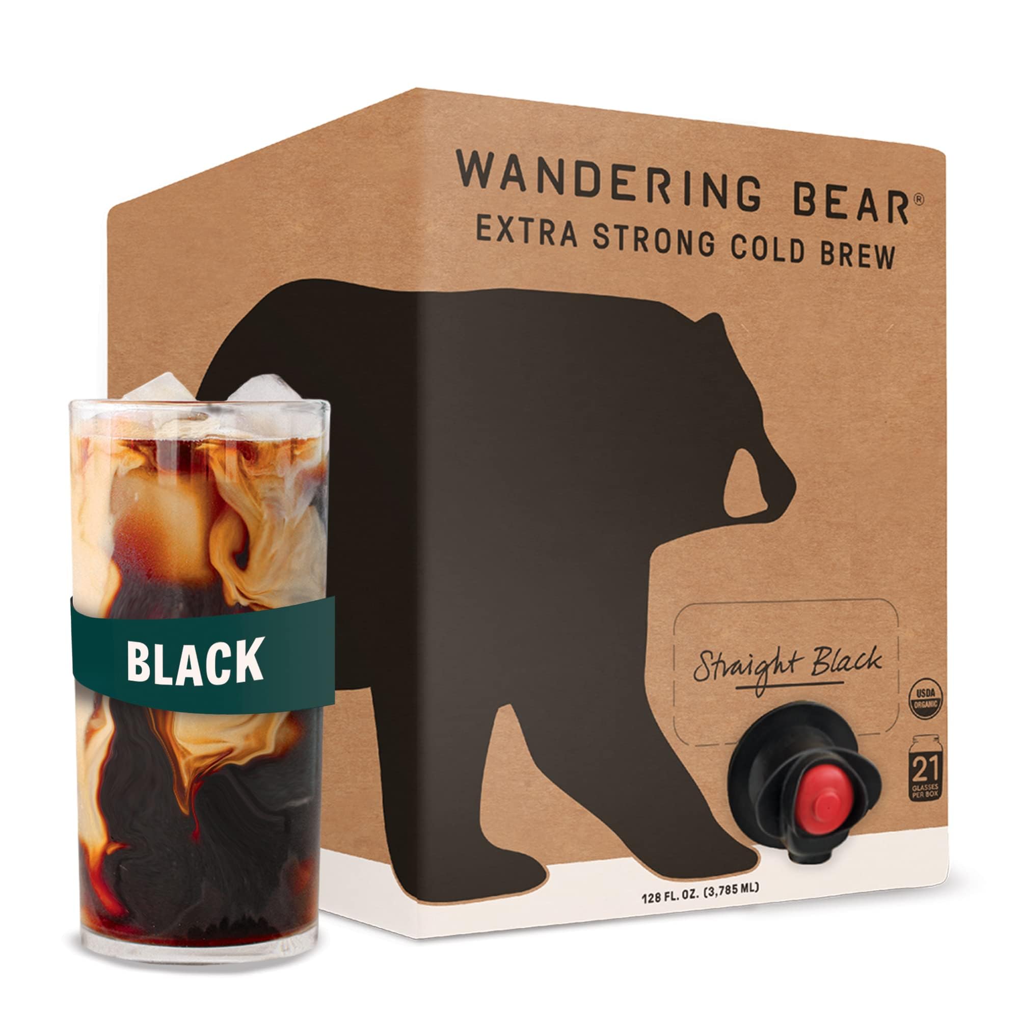 Wandering Bear Straight Black Organic Cold Brew Coffee On Tap, Iced Coffee Drink - Extra Strong, Smooth, No Sugar Added, Shelf-Stable, Ready to Drink, 100% Organic - 16 Servings of 6fl.oz - 96fl.oz