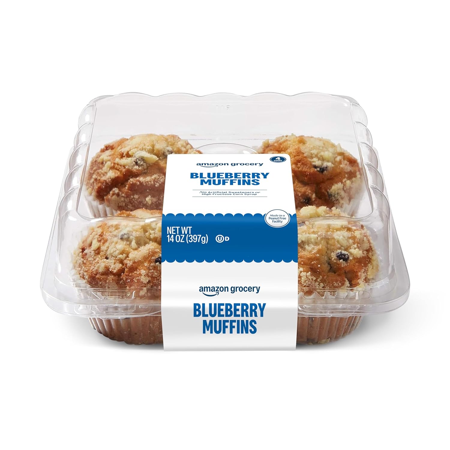Amazon Grocery, Blueberry Muffins, 14 Oz, 4 Ct, Frozen (Previously Fresh Brand, Packaging May Vary)