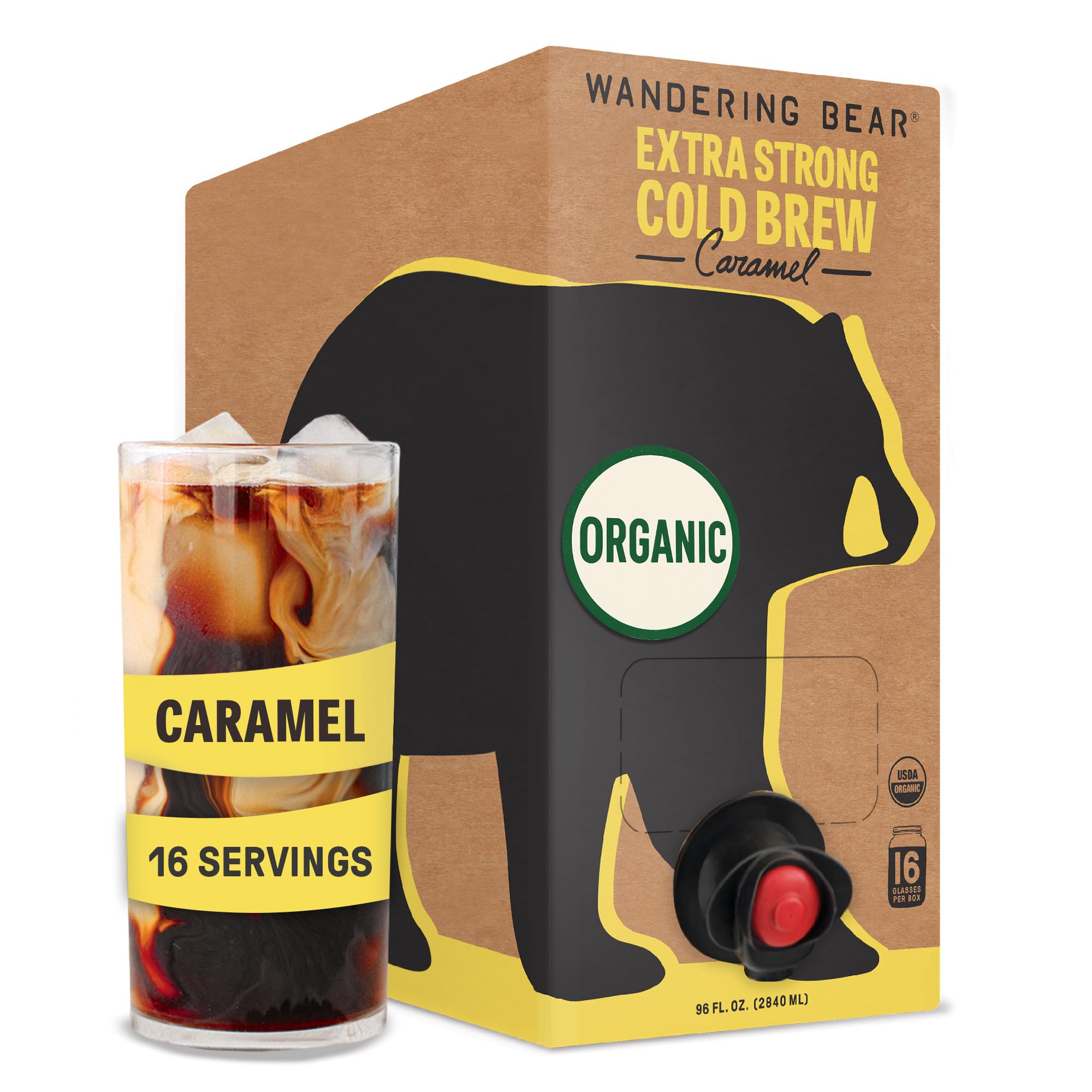 Wandering Bear Straight Black Organic Cold Brew Coffee On Tap, Iced Coffee Drink - Extra Strong, Smooth, No Sugar Added, Shelf-Stable, Ready to Drink, 100% Organic - 16 Servings of 6fl.oz - 96fl.oz