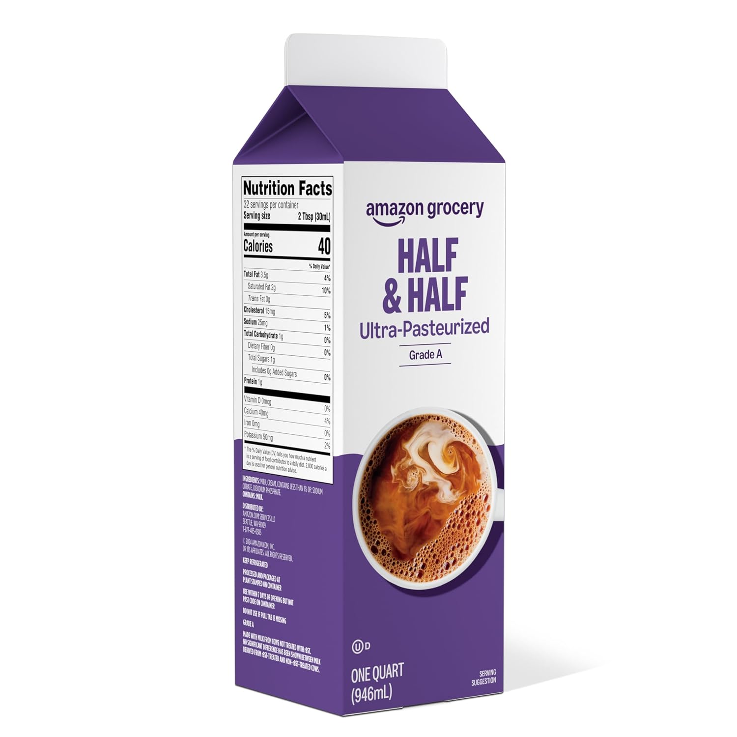 Amazon Grocery, Half & Half, Ultra Pasteurized, 32 Fl Oz (Previously Amazon Fresh, Packaging May Vary)