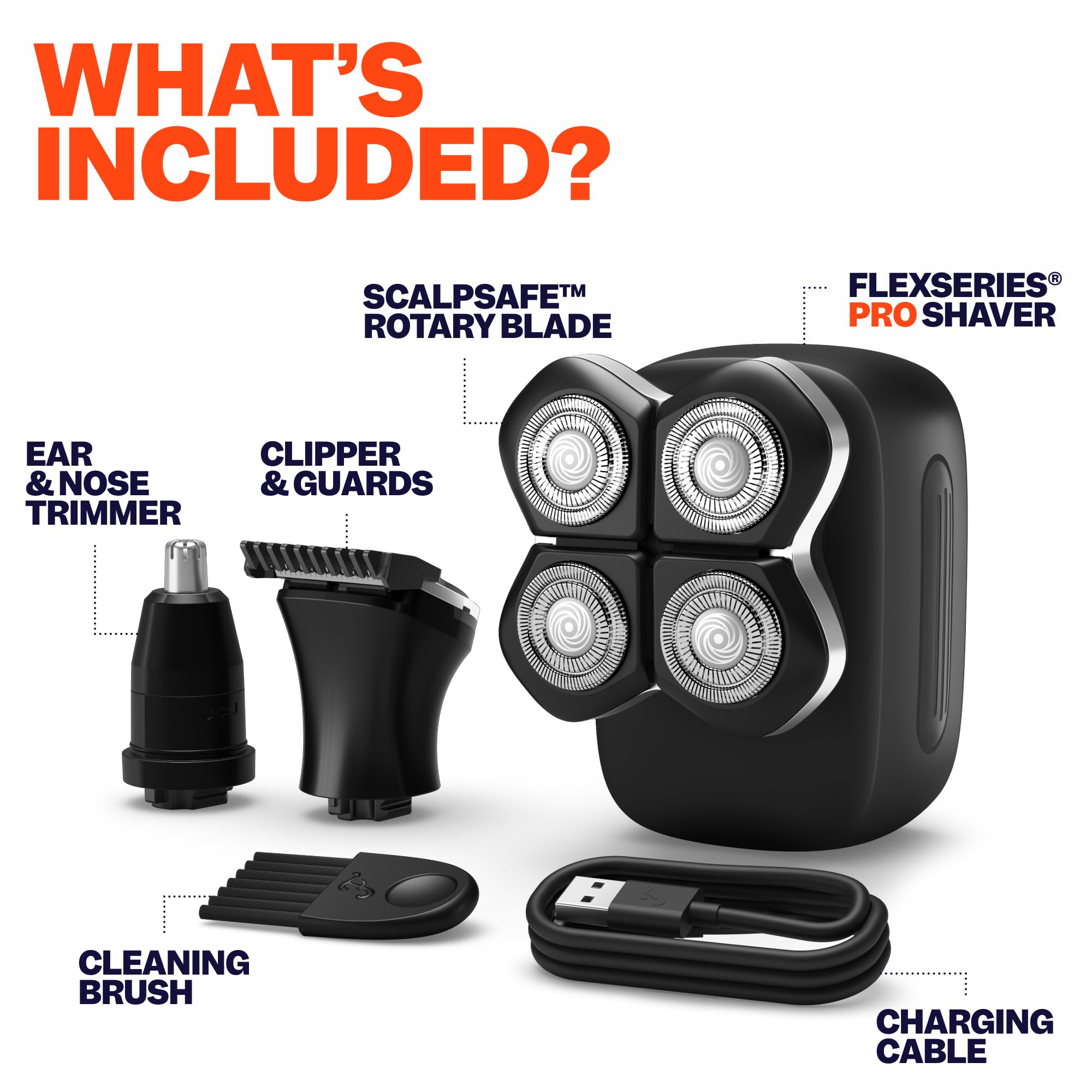 Freebird FlexSeries Electric Head & Body Hair Shaver - Mens Cordless Rechargeable Wet/Dry Skull Bald Head Back & Groin Waterproof Razor with Rotary Blades, Clippers, Nose Trimmer, Brush, Massager