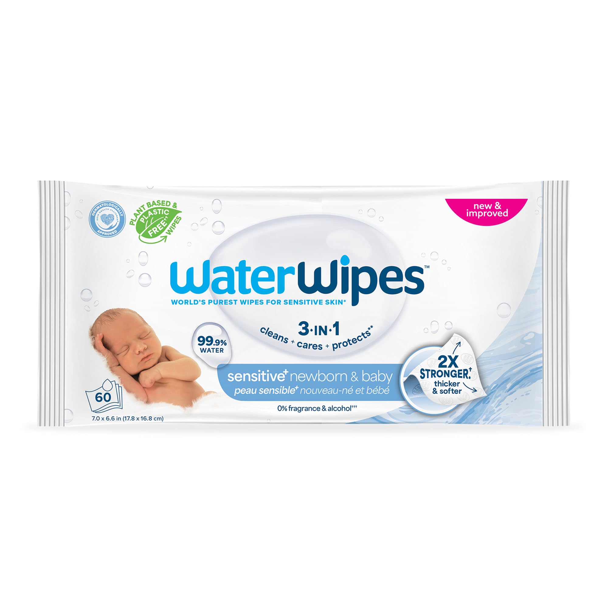 WaterWipes Sensitive+ Newborn & Baby Wipes, 3-In-1 Cleans, Cares, Protects, 99.9% Water, Unscented & Hypoallergenic, 540 Count (9 Packs)