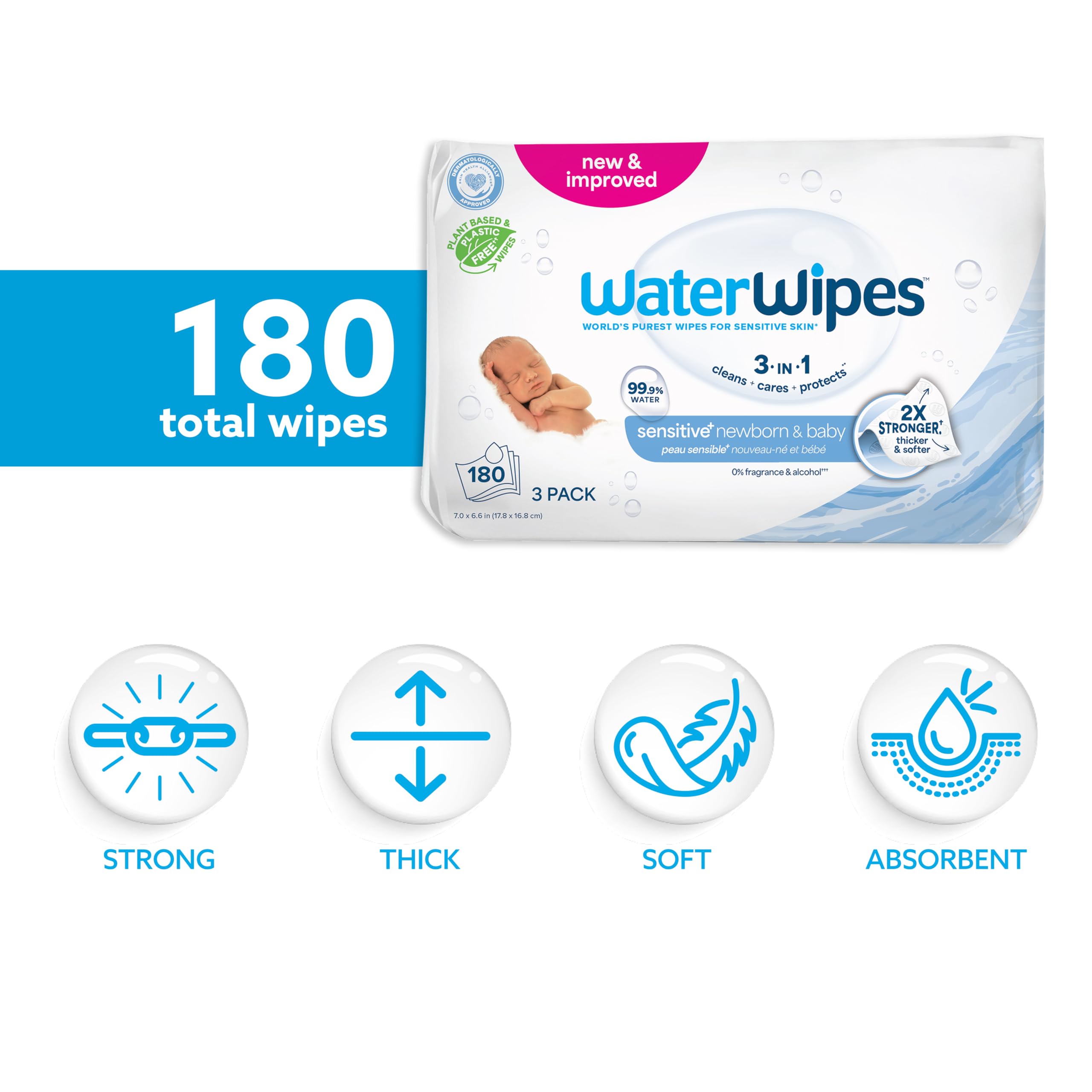 WaterWipes Sensitive+ Newborn & Baby Wipes, 3-In-1 Cleans, Cares, Protects, 99.9% Water, Unscented & Hypoallergenic, 540 Count (9 Packs)