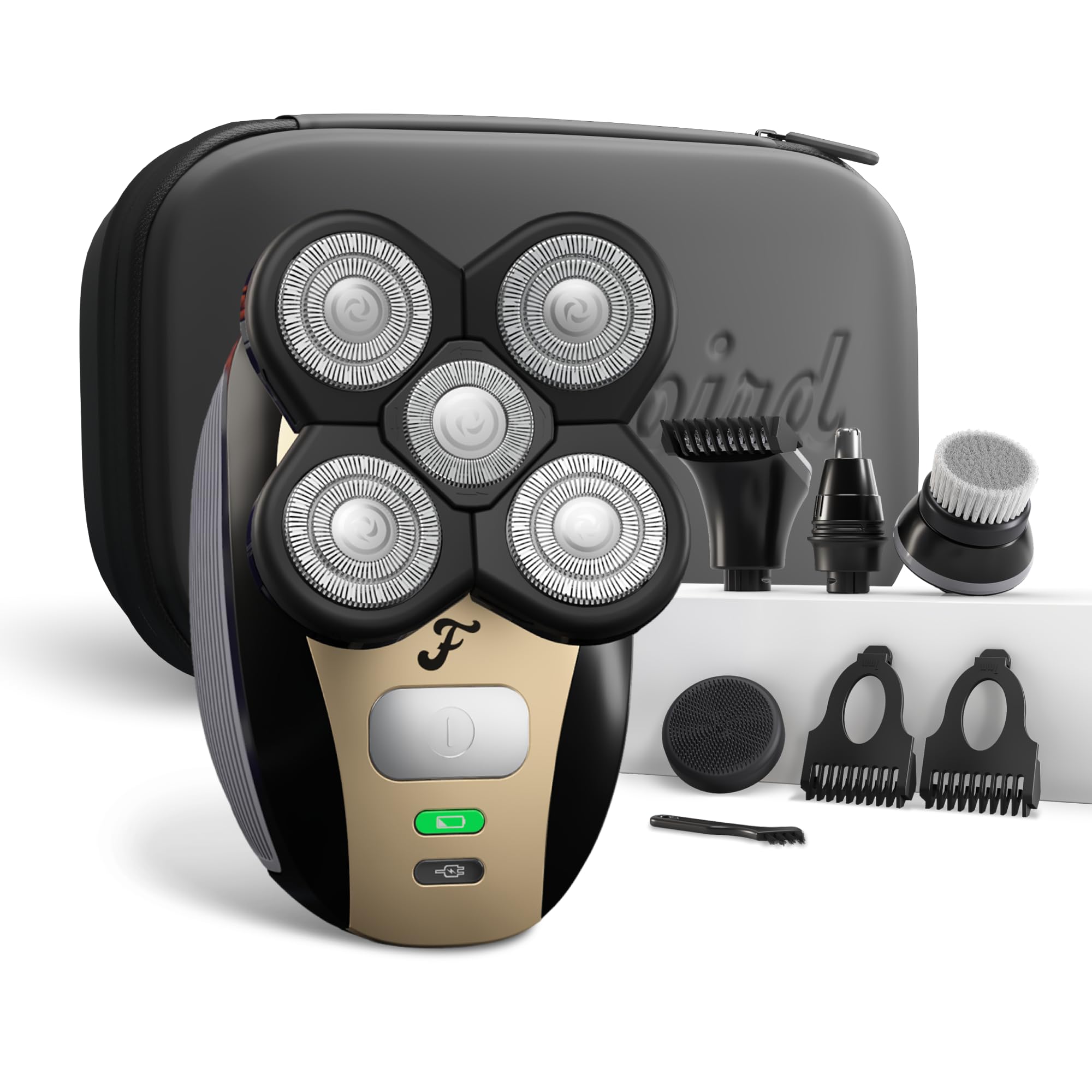 Freebird FlexSeries Electric Head & Body Hair Shaver - Mens Cordless Rechargeable Wet/Dry Skull Bald Head Back & Groin Waterproof Razor with Rotary Blades, Clippers, Nose Trimmer, Brush, Massager