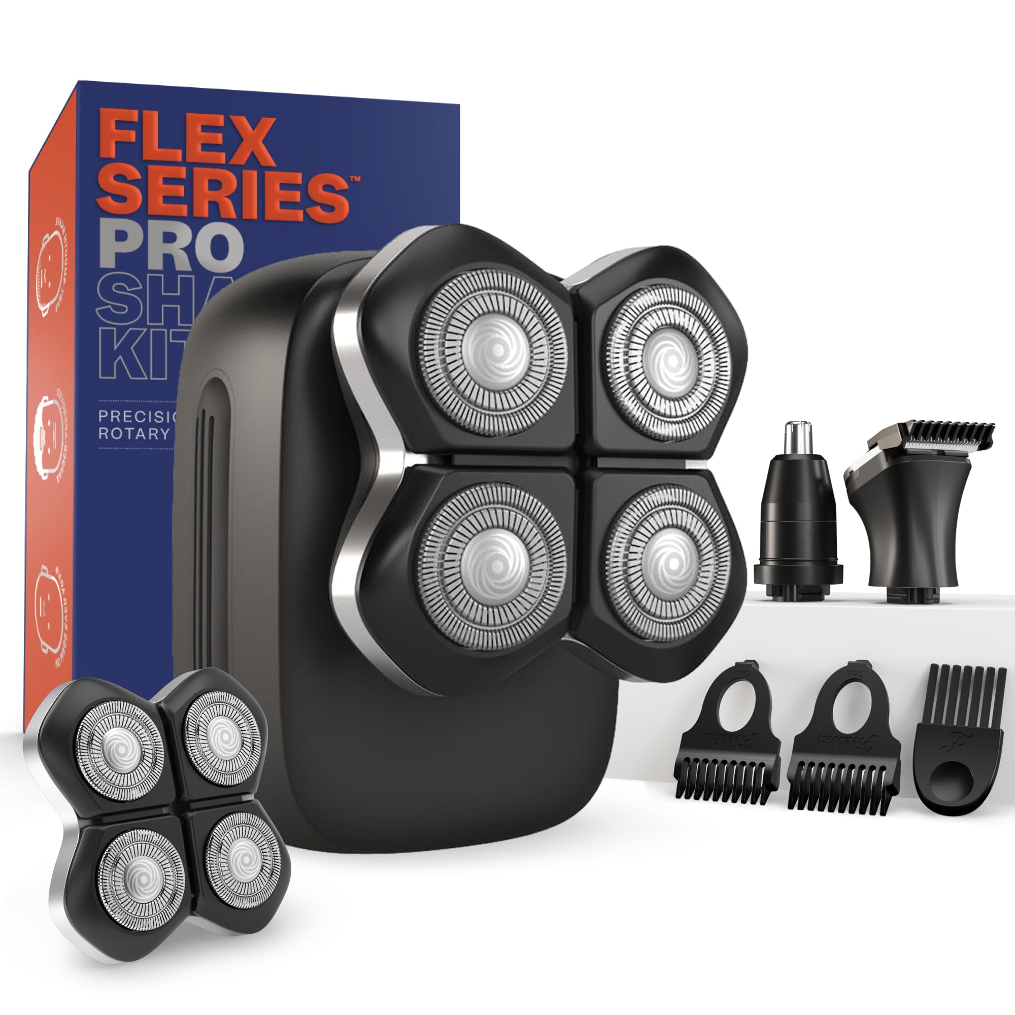 Freebird FlexSeries Electric Head & Body Hair Shaver - Mens Cordless Rechargeable Wet/Dry Skull Bald Head Back & Groin Waterproof Razor with Rotary Blades, Clippers, Nose Trimmer, Brush, Massager