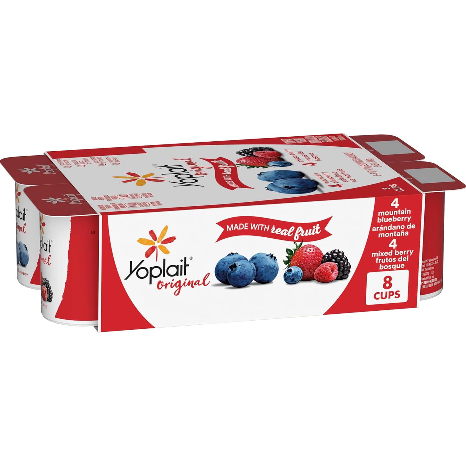Yoplait Original Low Fat Yogurt Variety Pack, Mountain Blueberry and Mixed Berry, Made with Real Fruit, 8 Yogurt Cups, 48 oz