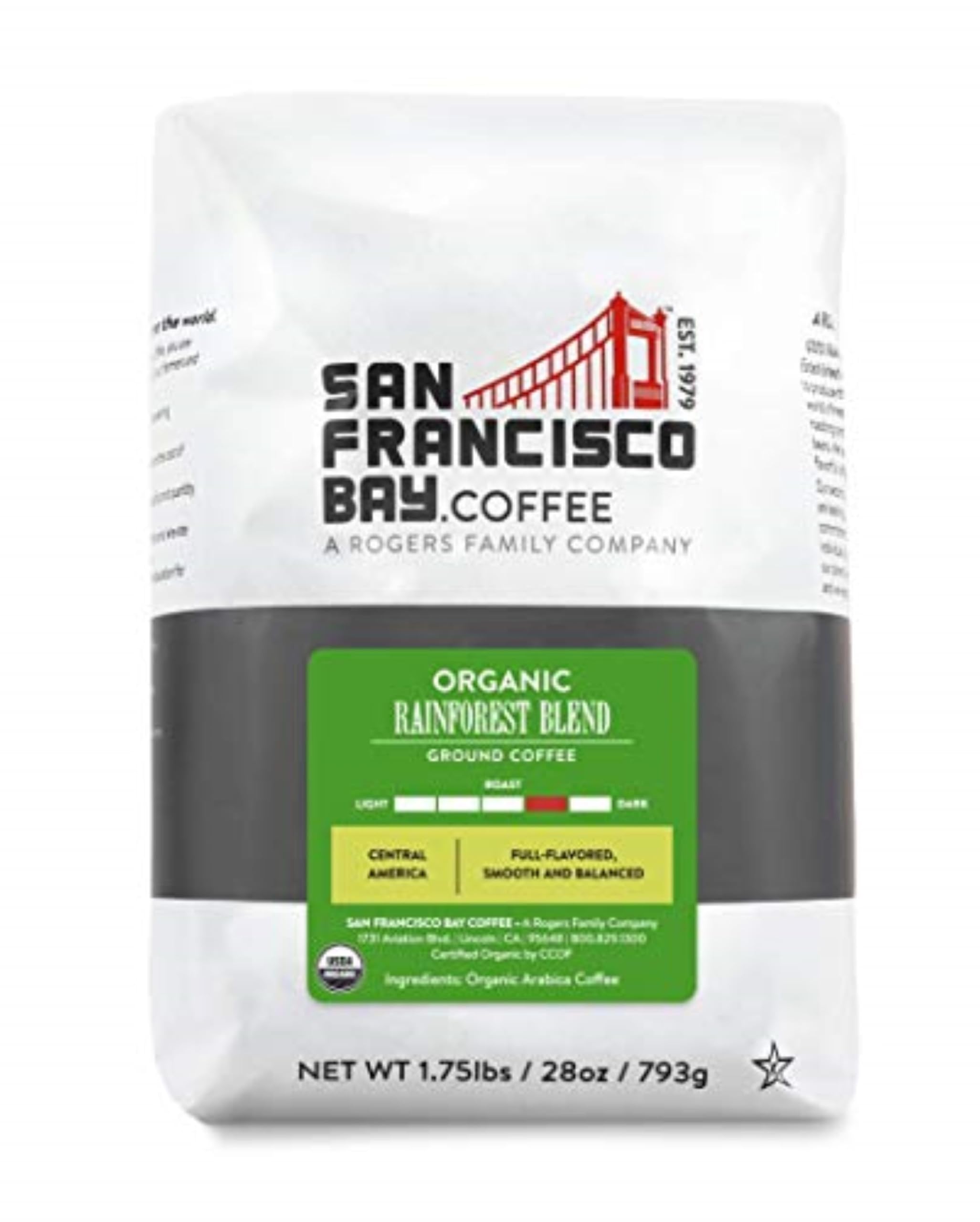 San Francisco Bay Coffee - Medium-Dark Roast - Organic Rainforest Blend (28 oz bag) - Ground Coffee, USDA Organic