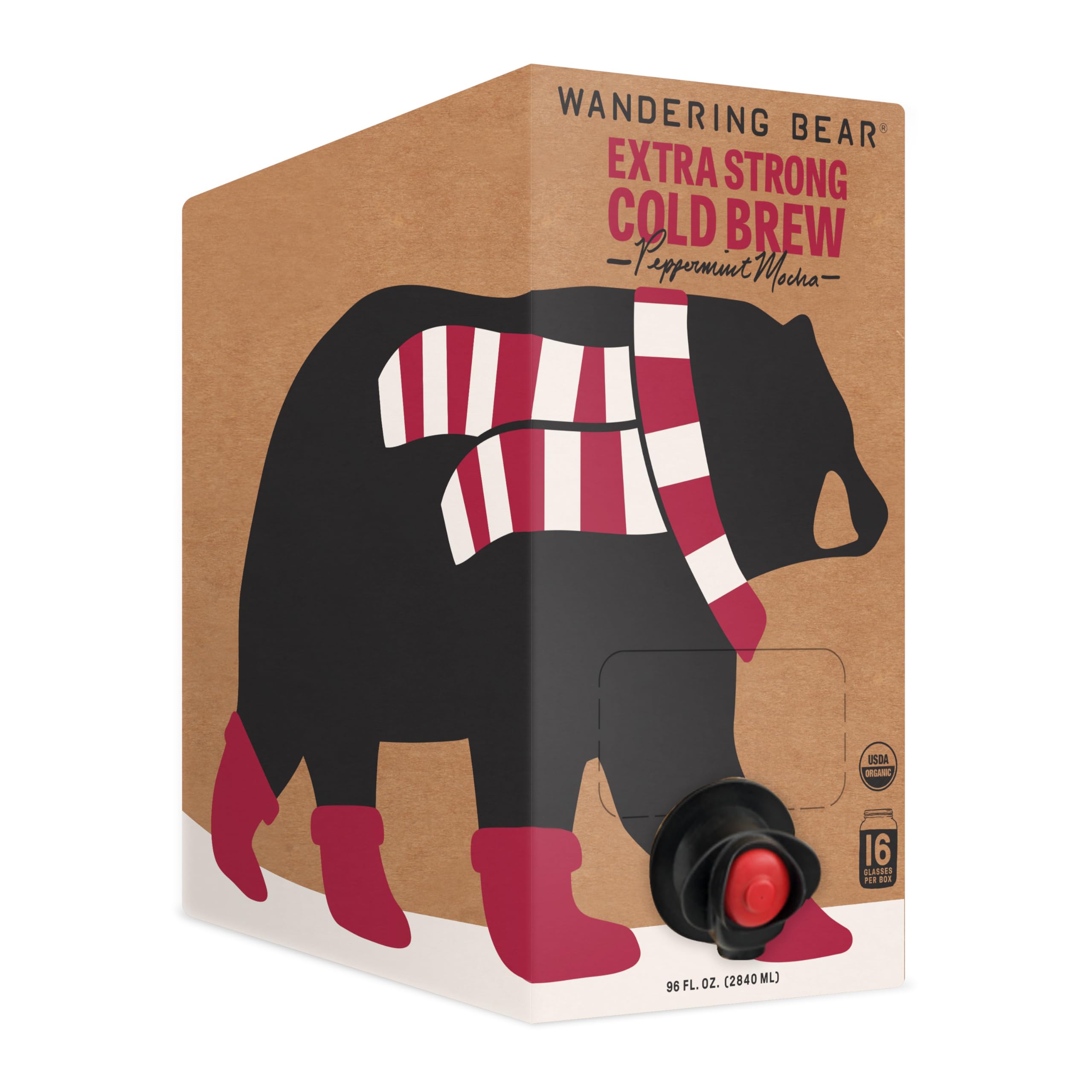 Wandering Bear Straight Black Organic Cold Brew Coffee On Tap, Iced Coffee Drink - Extra Strong, Smooth, No Sugar Added, Shelf-Stable, Ready to Drink, 100% Organic - 16 Servings of 6fl.oz - 96fl.oz