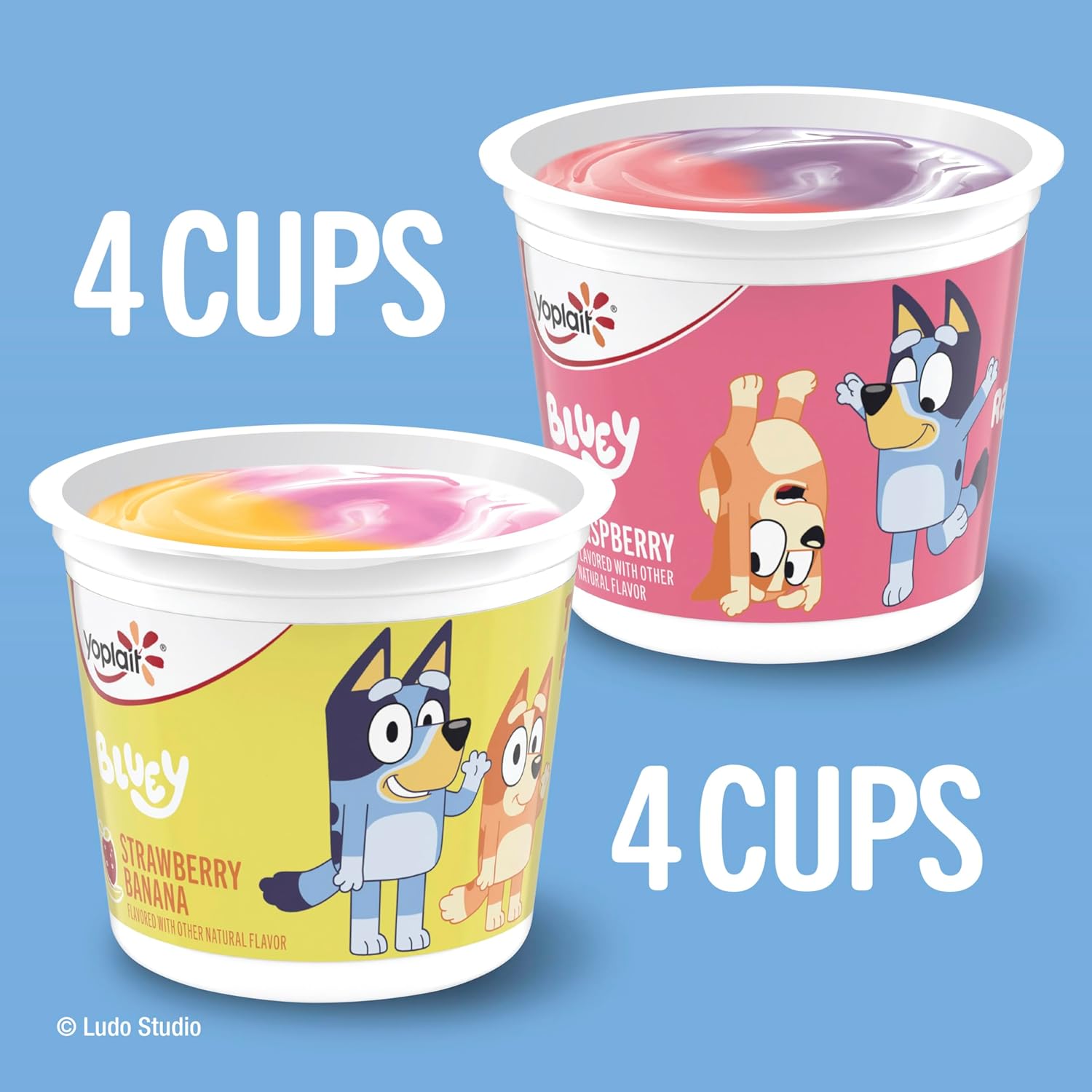 Yoplait Low Fat Kids Yogurt Cups, Bluey Variety Pack, Strawberry Banana and Raspberry, Gluten Free Snacks, 8 Ct, 32 oz