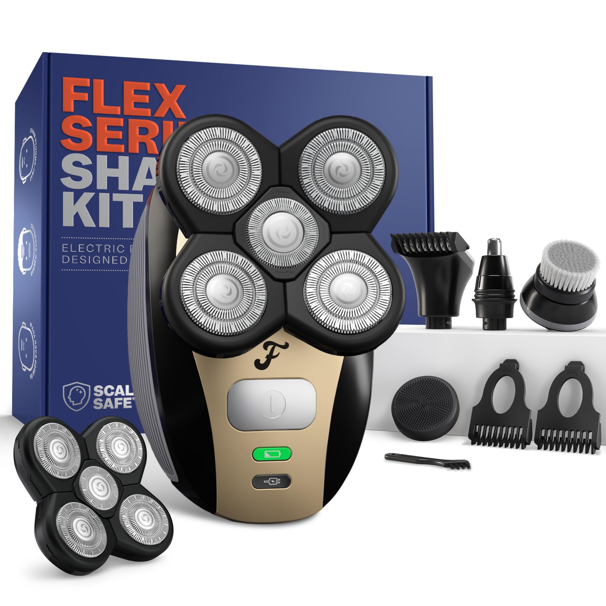 Freebird FlexSeries Electric Head & Body Hair Shaver - Mens Cordless Rechargeable Wet/Dry Skull Bald Head Back & Groin Waterproof Razor with Rotary Blades, Clippers, Nose Trimmer, Brush, Massager