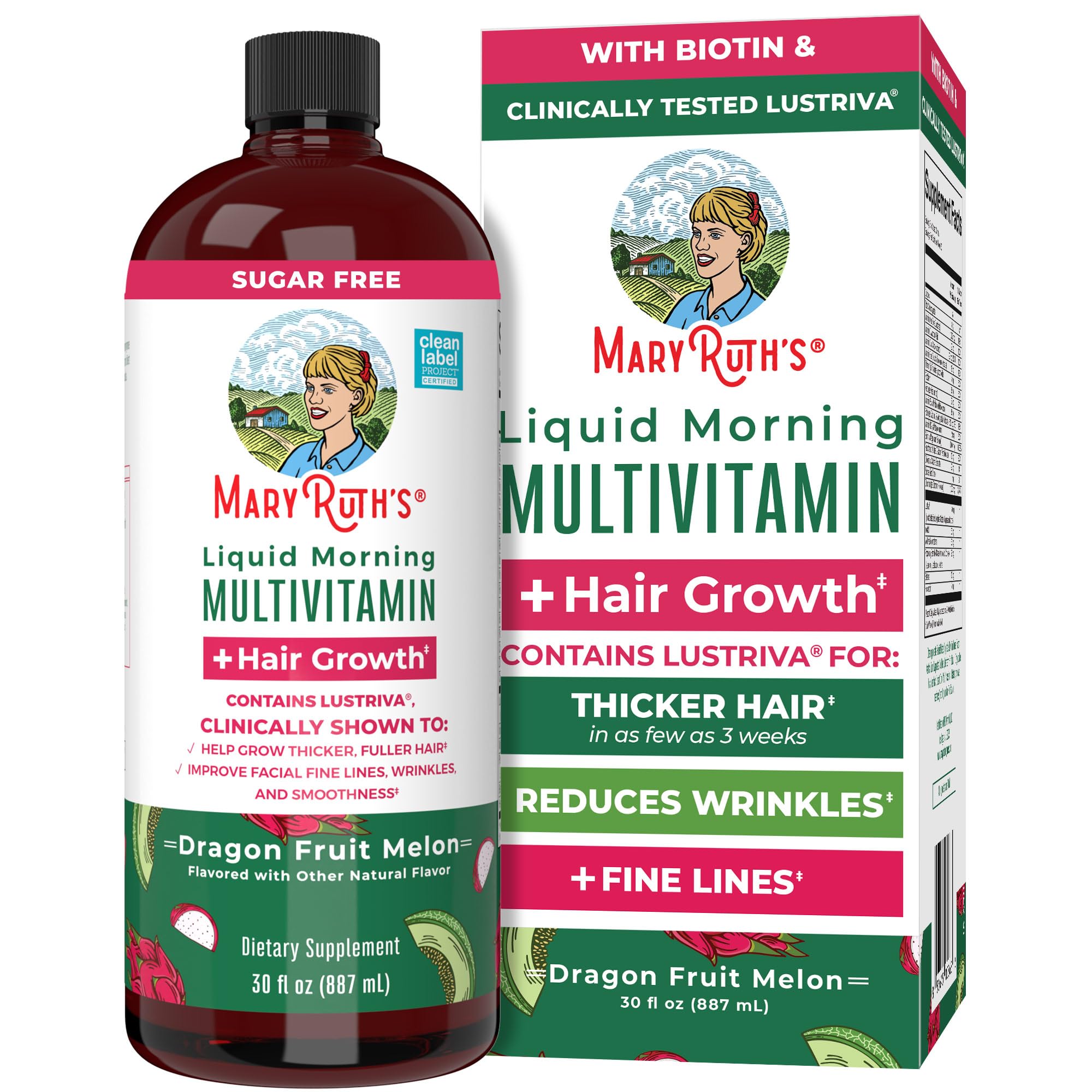 MARYRUTH'S Liquid Multivitamin+Hair Growth | Biotin 10000mcg | Lustriva Hair Growth Supplement | Clinically Tested in Women for Thicker Hair&Facial Wrinkle | Skin Care | Ages 18+ | 15.22 Fl Oz