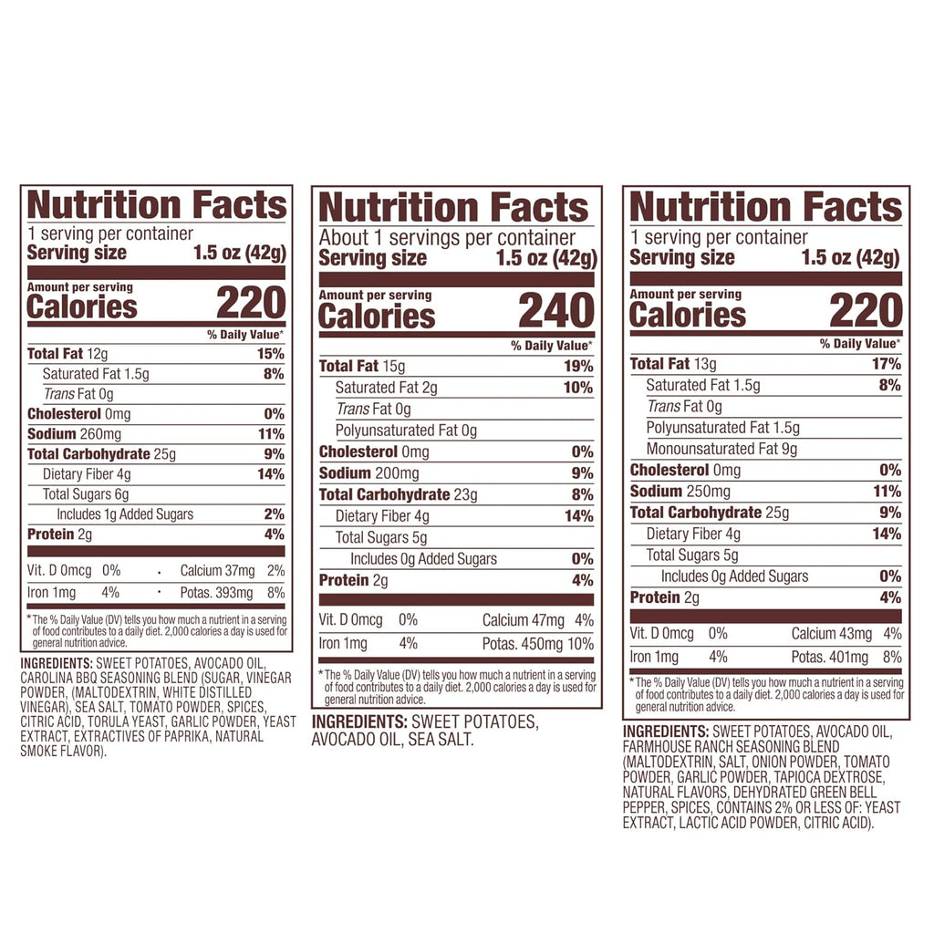 Jackson’s Sweet Potato Kettle Chips Avocado Oil Variety Pack made with Premium Oils (1.5 oz, Pack of 10) Sea Salt, Ranch and BBQ Flavors - Allergen-friendly, Gluten Free, Vegan