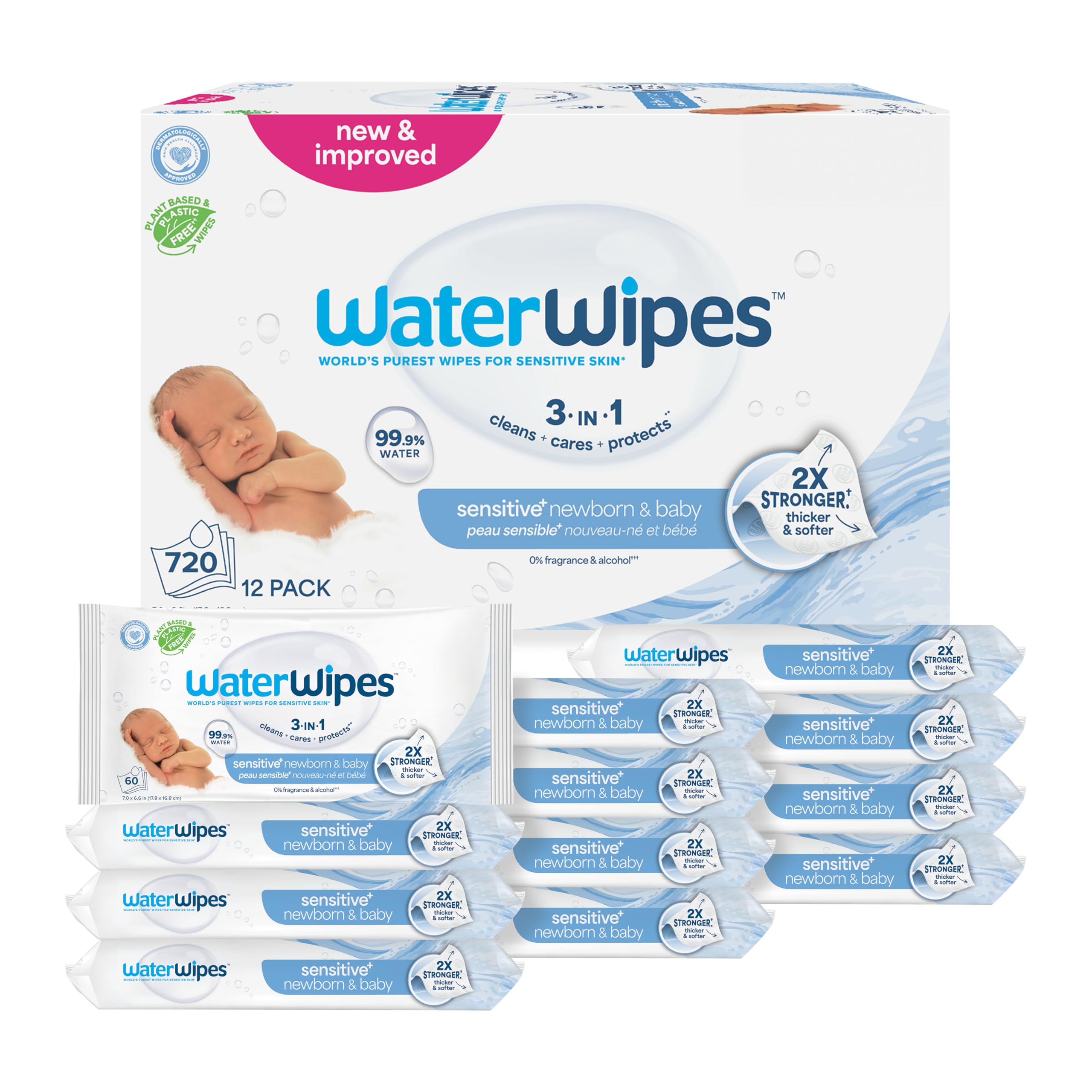 WaterWipes Sensitive+ Newborn & Baby Wipes, 3-In-1 Cleans, Cares, Protects, 99.9% Water, Unscented & Hypoallergenic, 540 Count (9 Packs)