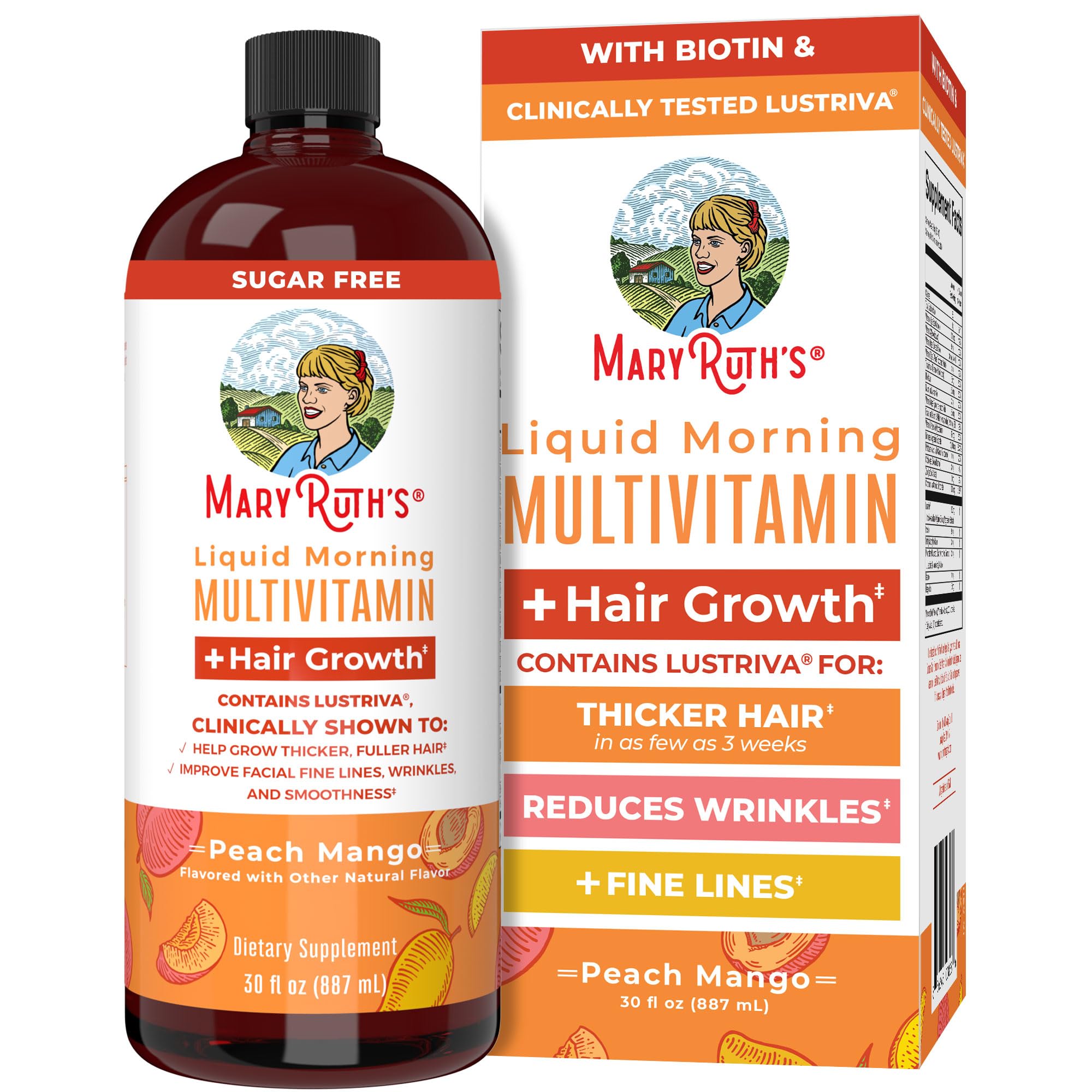 MARYRUTH'S Liquid Multivitamin+Hair Growth | Biotin 10000mcg | Lustriva Hair Growth Supplement | Clinically Tested in Women for Thicker Hair&Facial Wrinkle | Skin Care | Ages 18+ | 15.22 Fl Oz