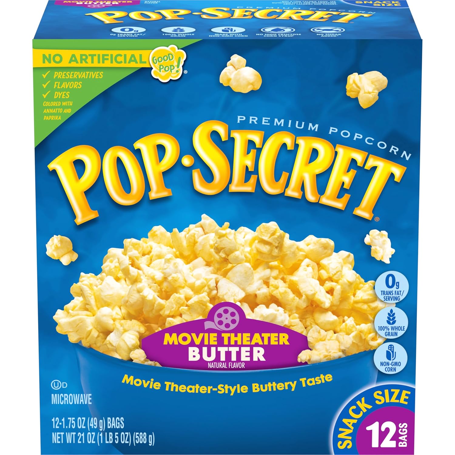 Pop Secret Microwave Popcorn, Movie Theater Butter Flavor, 1.75 Oz Snack Bags, (Pack of 12)