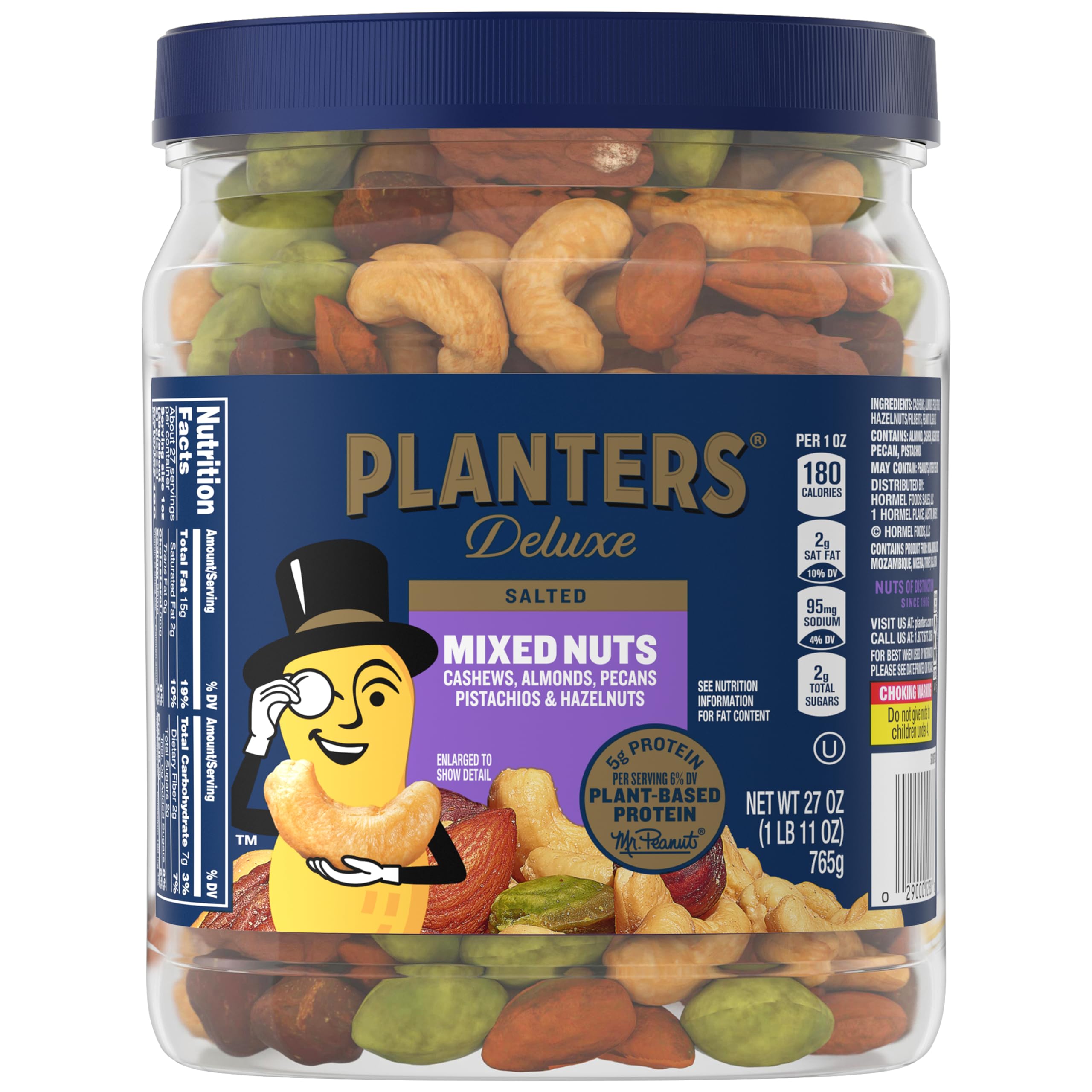 PLANTERS Deluxe Salted Mixed Nuts, Roasted Cashews, Almonds, Pecans, Pistachios, and Hazelnuts, Party Snacks, Plant-Based Protein, Quick Snack for Adults, After School Snack, 34oz Container