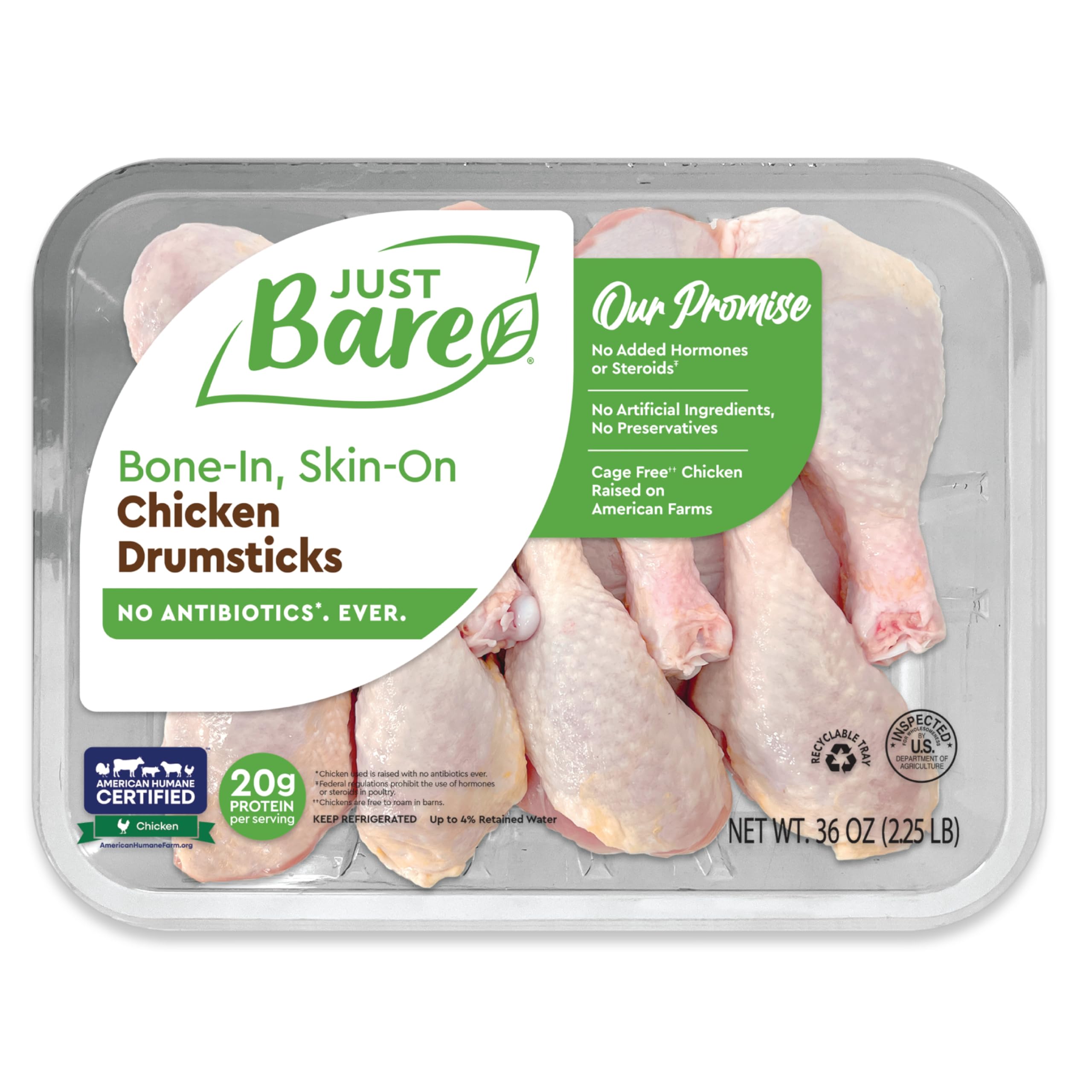 Just Bare® Natural Fresh Chicken Drumsticks | Family Pack | No Antibiotics Ever | Bone-In | 2.25 LB